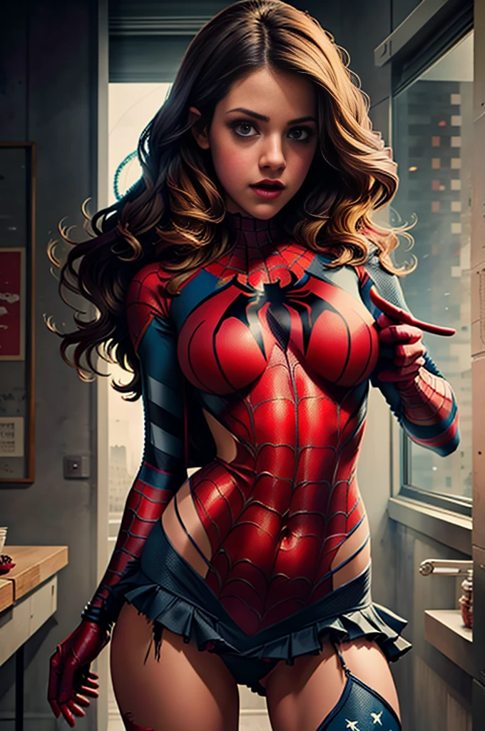 Lyndsy Fonseca、Sticking out the navel、newyork、She wears a torn Spider-Man suit,wearing skirt、 Red and black color scheme,Dynamic、masterpiece、top-quality、ultra-detailliert、ighly detailed、beautiful detailed brilliance、超A high resolution