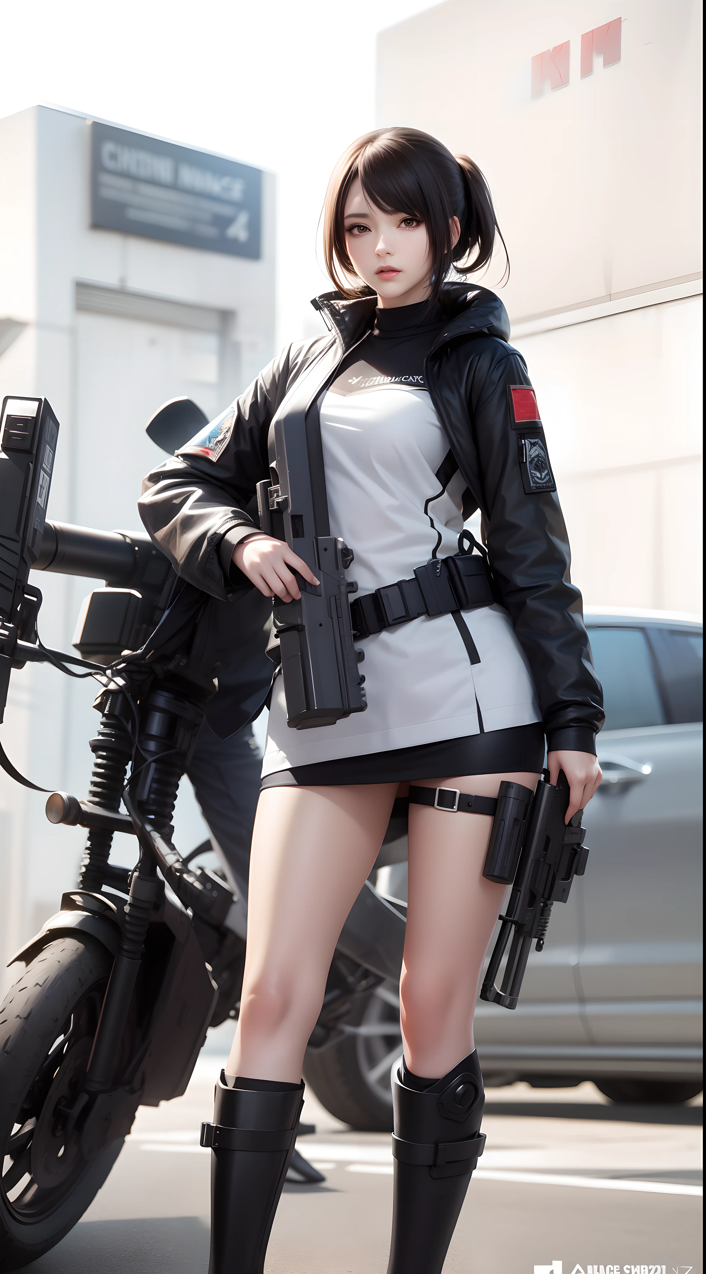 (Best Quality, Ultra Detailed, Best Illustration, Best Shadow, Masterpiece, High Resolution, Professional Artwork, Famous Art), (1 Girl, Solo), Wearing Epic, (Ball Holding, holding_gun:1.0), (Rifle, assault_rifle:1.3), (trigger_discipline:1.2), Earth Sauce, Camouflage, Load-bearing Vest