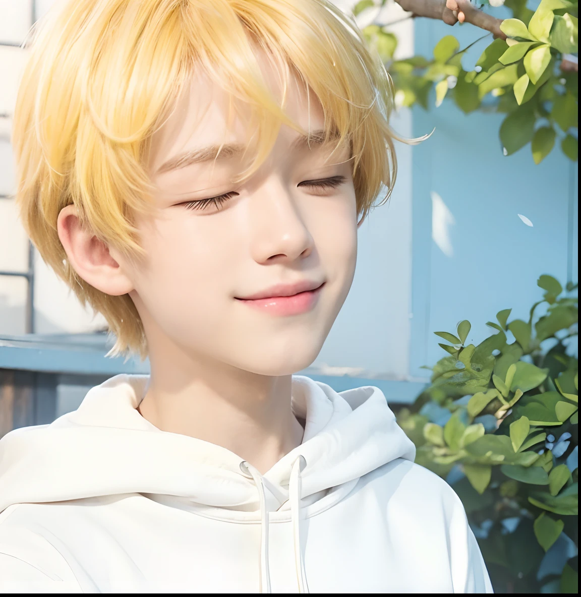 A boy with realistic yellow hair, exactly the same hairstyle, realistic handsome face, realistic smiling expression, realistic closed side eye,Wearing a realistic white hoodie, realistic light, realistic shadows, realistic background,Realistic ultra detailed closed side eye,12 yearalistic sweet face and handsome too, His eyes are closed realistically