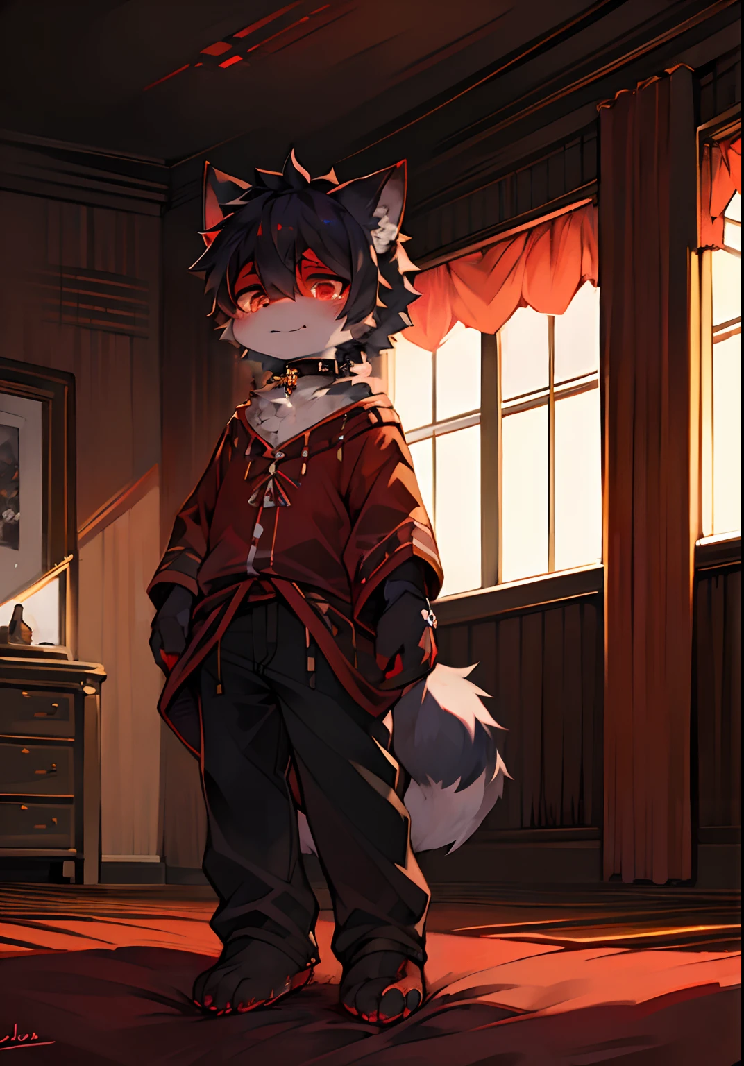 (ambiente dark:0.8),Masterpiece,High quality,abstract res,Digital painting\(artwork of a\), by Dagasi, Yupa,Kiyosan,(anthro,Fluffy fur,Character focus:1.1),anthro male cat,Short hair,Portrait , eyes with brightness, in a panoramic view, Character focus.(detailedbackground:0.7), 独奏, shaggy, Fluorescence,Pure desire,Lovely and pure,Collar,Harnes,baggy clothes,shaggy male, female focus,Shota,anthr,(Full Body Furry, Fluffy tail, Black fur, Blood-red pupils, Black color hair,Sick:1.2), (long canines、Vampires:1.2),(interiors、the night、sobu、inside in room、warm、In pink:1.1)