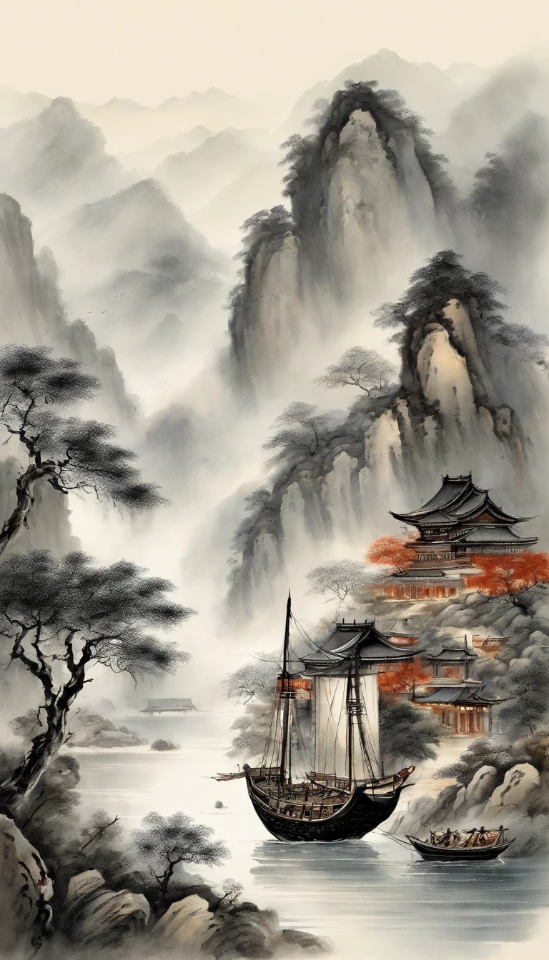 Best Quality, Ultra-fine details, high resolucion, Masterpiece:1.2, Immerse yourself in the beautiful scenery, Flawless brushstrokes, Impressive Inks, Adopt wide-angle viewing angle, Breathtaking mountain views, Deep and majestic atmosphere, Beautifully depicted a ship sailing through the mountains, Describe in detail the vessel and its surroundings., Traditional Chinese Art, It expresses the serenity and harmony of nature, Subtle hue changes, soft color palette, Gentle and warm atmosphere, Participated in prestigious exhibitions - Chinese ink landscape paintings，The composition is amazing，The depth of emotions，Capture the serenity of the mountains. Texture strokes and tonal changes are very detailed., Reveal the intricacies of the ship and the beauty of the surrounding landscape.. Traditional Chinese art style creates a peaceful and harmonious atmosphere.，Immerse yourself in the wonders of nature. This masterpiece is of the highest quality, Ultra-fine detail and high-resolution images, Make it an impressive and breathtaking work of art.，Perfect for capturing the essence of Chinese ink landscape painting.