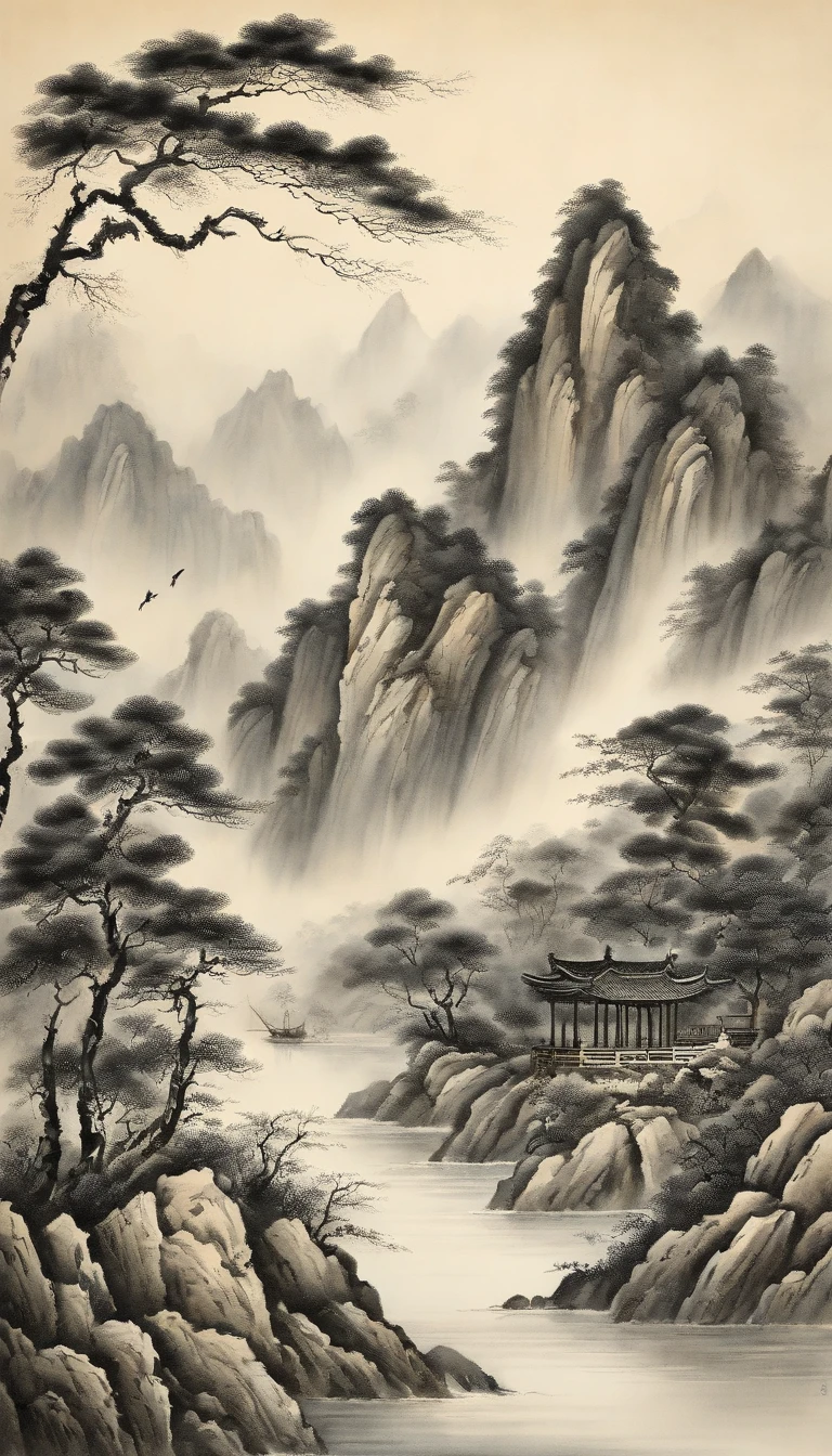 Best Quality, Ultra-fine details, high resolucion, Masterpiece:1.2, Immerse yourself in the beautiful scenery, Flawless brushstrokes, Impressive Inks, Adopt wide-angle viewing angle, Breathtaking mountain views, Deep and majestic atmosphere, Beautifully depicted a ship sailing through the mountains, Describe in detail the vessel and its surroundings., Traditional Chinese Art, It expresses the serenity and harmony of nature, Subtle hue changes, soft color palette, Gentle and warm atmosphere, Participated in prestigious exhibitions - Chinese ink landscape paintings,The composition is amazing,The depth of emotions,Capture the serenity of the mountains. Texture strokes and tonal changes are very detailed., Reveal the intricacies of the ship and the beauty of the surrounding landscape.. Traditional Chinese art style creates a peaceful and harmonious atmosphere.,Immerse yourself in the wonders of nature. This masterpiece is of the highest quality, Ultra-fine detail and high-resolution images, Make it an impressive and breathtaking work of art.,Perfect for capturing the essence of Chinese ink landscape painting.