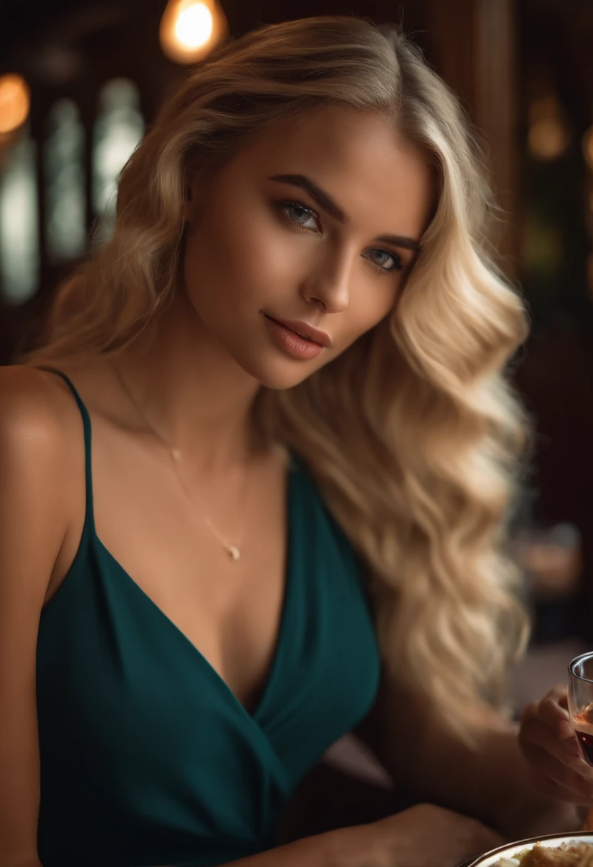 arafed woman fully , sexy girl with blue eyes, ultra realistic, meticulously detailed, portrait sophie mudd, blonde hair and large eyes, selfie of a young woman, violet myers, without makeup, natural makeup, looking directly at the camera, face with artgram, subtle makeup, stunning full body shot dancing in a club, medium to large size bust; ; ;seating in a restaurant very elegant