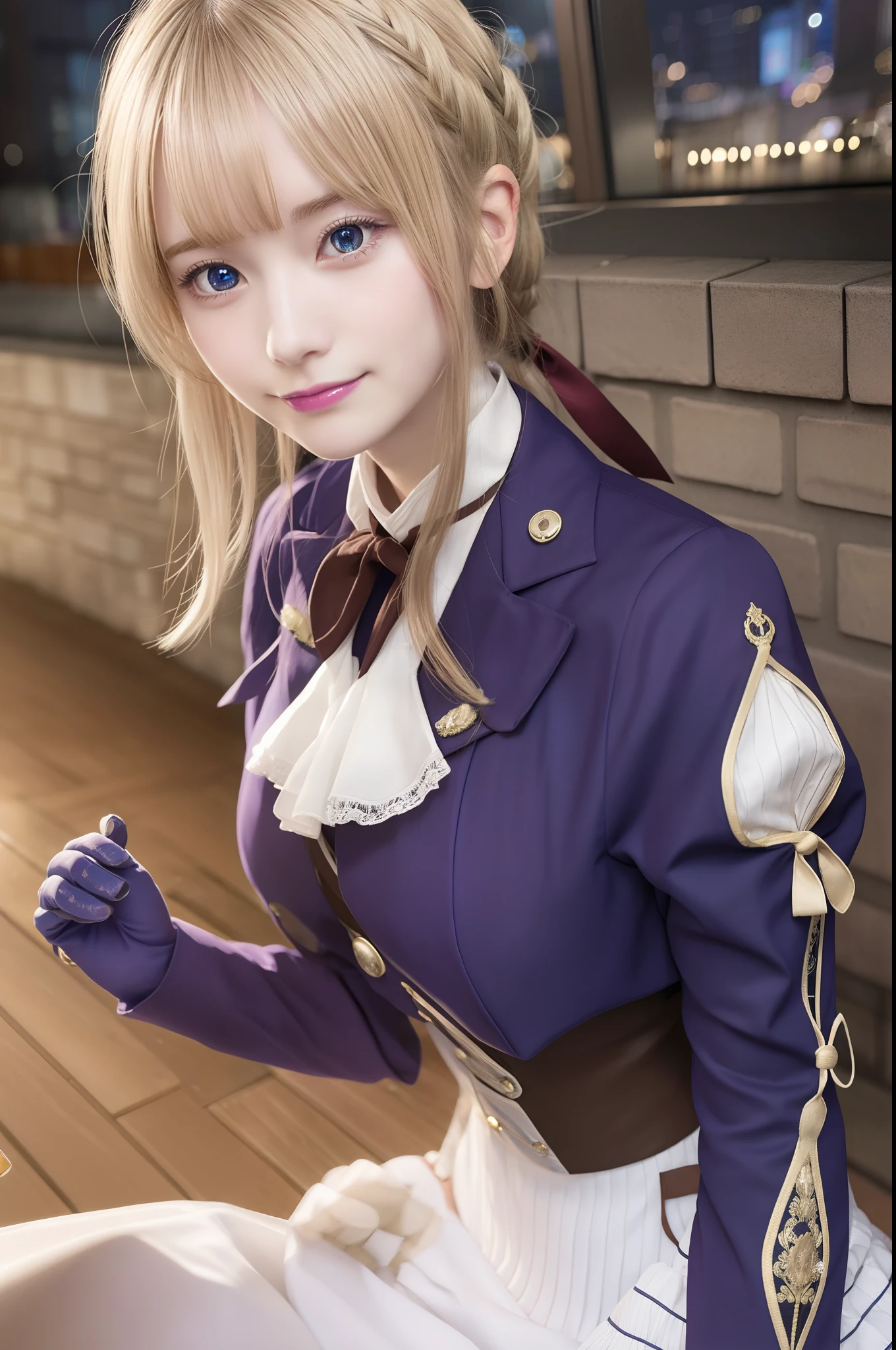 Violet Evergarden, Violet Evergarden, Blonde hair, Hair Ribbon, bow ribbon, Short hair, Braids, hair braids, Red Ribbon, maturefemale,
Blake Blue Jacket, Brown gloves, Cropped jacket, Dress, gloves, Green brooch, Jacket, juliet sleeves, Long sleeves, Puffy sleeves, White Dress,
BREAK looking at viewer,
BREAK outdoors, city,
BREAK (masutepiece:1.2), Best Quality, High resolution, Unity 8k壁纸, (Illustration:0.8), (Beautiful detailed eyes:1.6), extra detailed face, Perfect Lighting, extremely details CG, (Perfect hands, Perfect Anatomy),A smile、japanes