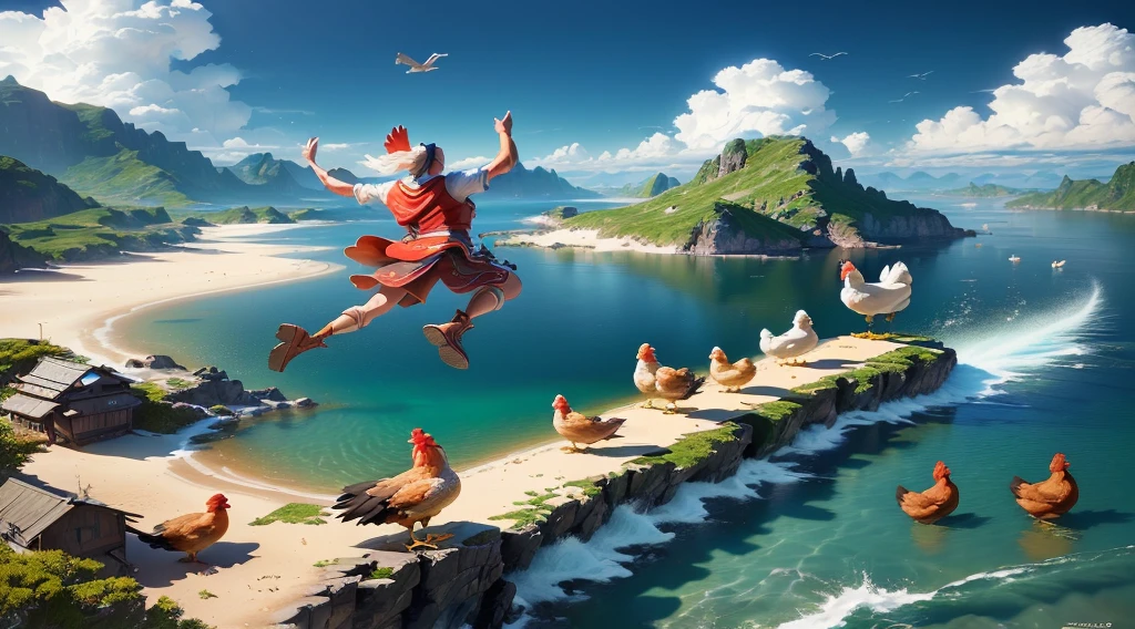 There is a man flying over a body of water with a chicken, 3 d epic illustrations, Fantasyart, rolands zilvinskis 3d render art, fantasy matte painting,Cute, beautiful digital works of art, The composition of a photorealistic epic, 3 d render and matte painting, Michael Horse (Unreal Engine, epic surrealism 8k oil painting, Surreal digital artwork