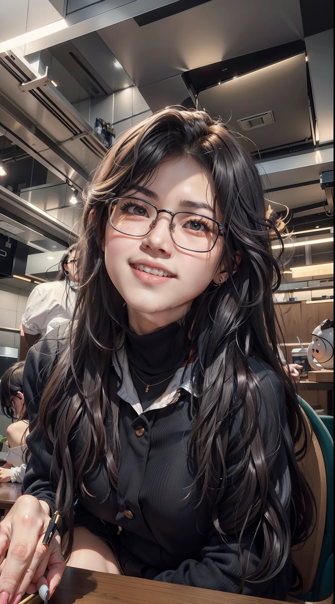 there is a woman with glasses sitting at a table with a doughnut, mai anh tran, phong shaded, pokimane, with long hair, dang my linh, headshot profile picture, xision wu, nivanh chanthara, louise zhang, ruan cute vtuber, very very low quality, very low quality