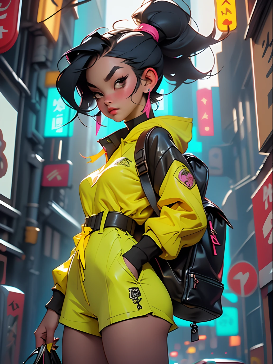 ((best qulity)),((master-piece)),((realistically))and hyper-detail photography of a book girl with gothic and neon colors。She has((Dark blue hair)),Sports Girl,Carrying a yellow backpack,Wear headphones around your neck,Wear a tech-savvy jacket,Exudes an atmosphere((Beautiful and beautiful)),erogenous,under-boobs,erogenous