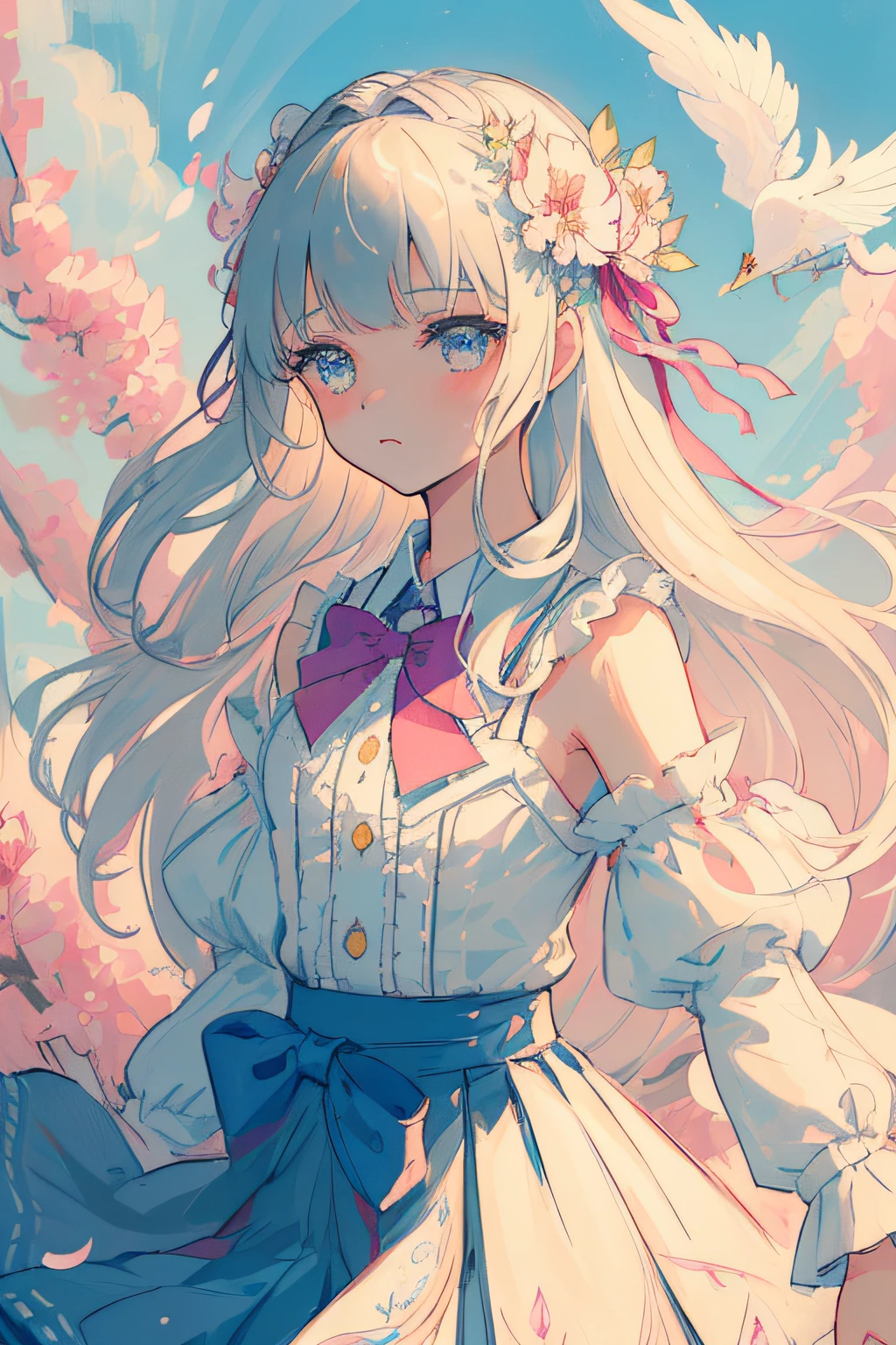 (((masterpiece))), (((best quality))), ((ultra-detailed)), (illustration), (1 girl), (solo), ((an extremely delicate and beautiful)), girl, ((beautiful detailed sky)), beautiful detailed eyes, side blunt bangs, hairs between eyes, ribbons, bowties, buttons, bare shoulders, (small breast), blank stare, pleated skirt, close to viewer, ((breeze)), Flying splashes, Flying petals, wind