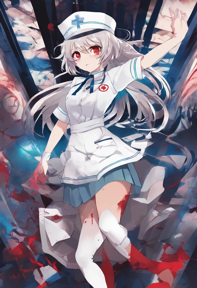masterpiece, highest quality, highest detail, 1 girl,
BREAK, horror, (Small injured girl, blood, bleeding, injury), Shining white hair, jewel-like red eyes, anime highlight eyes, (Nurse uniform: 1.4), (White tight miniskirt: 1.2), White pantyhose, scarred clothes, dirty clothes, bloodstained clothes, scarred skin, battle damage, bandaged arms, bandaged legs, (Yandere:1.2),
BREAK, The background is a modern hospital, a collapsed hospital,
BREAK, full body, movie lighting, action movie poster, dynamic, beautiful girl action actor, motion blur, depth of field, 35mm, Sony FE, 1girl,