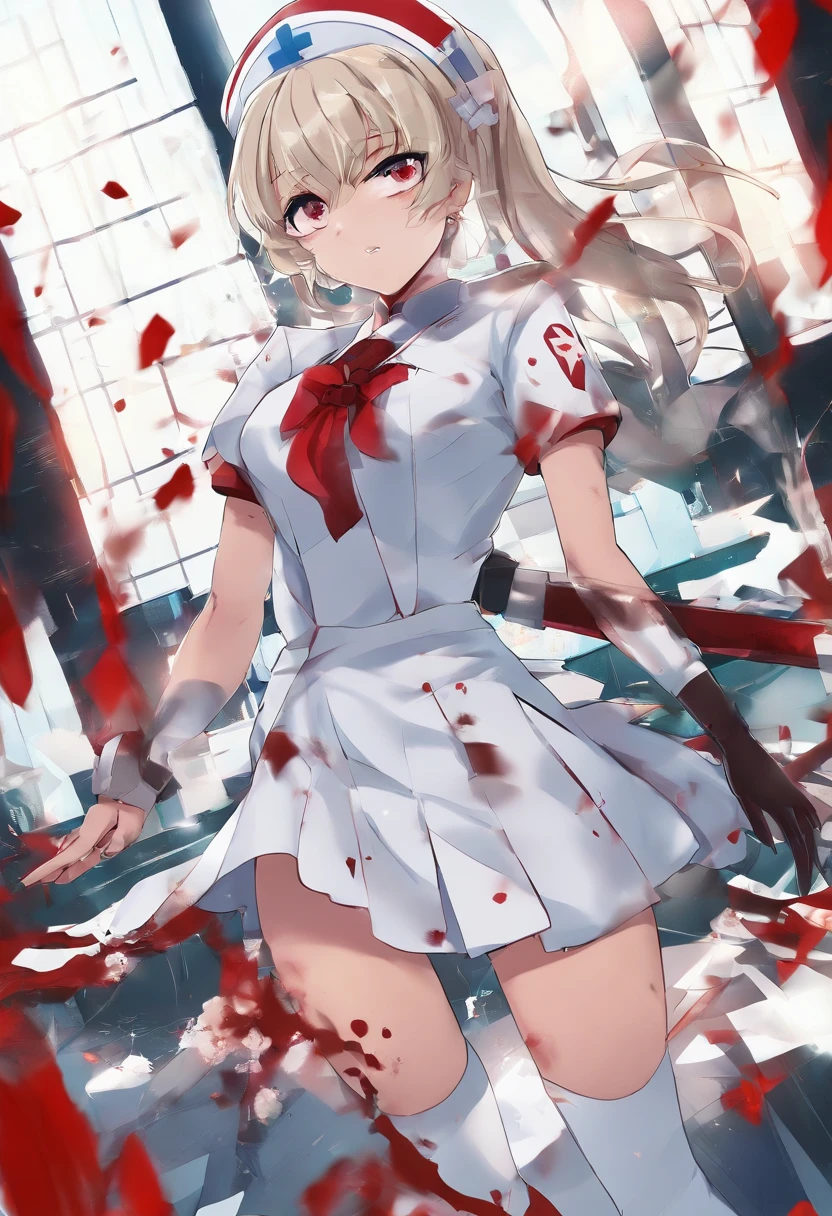 masterpiece, highest quality, highest detail, 1 girl, BREAK, horror, (Small injured girl, blood, bleeding, injury), Shining white hair, jewel-like red eyes, anime highlight eyes, (Nurse uniform: 1.4), (White tight miniskirt: 1.2), White pantyhose, scarred clothes, dirty clothes, bloodstained clothes, scarred skin, battle damage, bandaged arms, bandaged legs, (Yandere:1.2), BREAK, The background is a modern hospital, a collapsed hospital, BREAK, full body, movie lighting, action movie poster, dynamic, beautiful girl action actor, motion blur, depth of field, 35mm, Sony FE, 1girl,