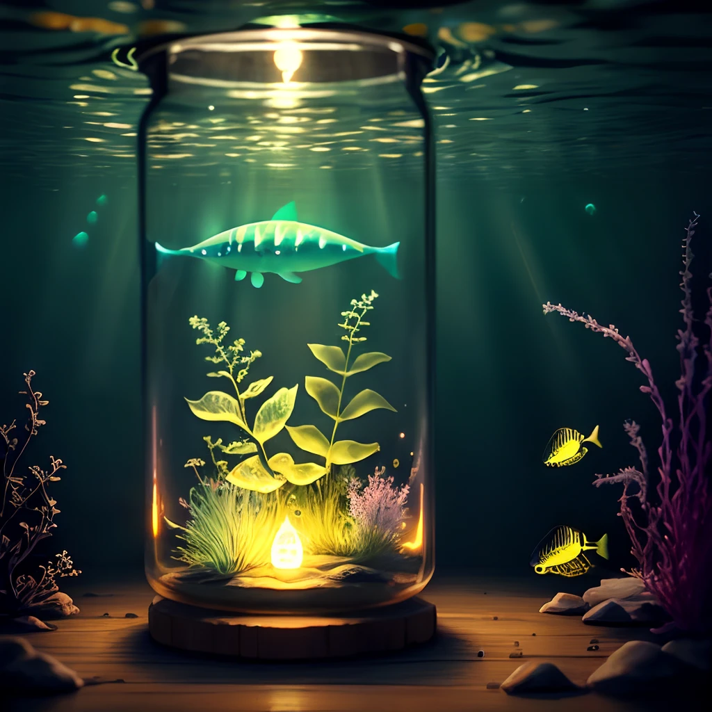 Bioluminescence under the water, in a glass jar, bioluminescent weeds