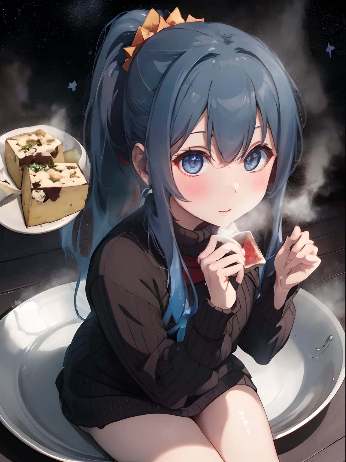 Holding a plate of tofu and looking up,Bring your face closer,He leaned forward and said,、Protruding tofu plate,Steam rises from the tofu,fluffy dark blue hair,Tie in a ponytail with a scrunchie,Warm and loose winter clothes,long-sleeve,Sweaters,Long skirt that reaches to the floor,happily face,which are full of confidence々Face,A slight red tide with many small stars shining in the back of the eyes,