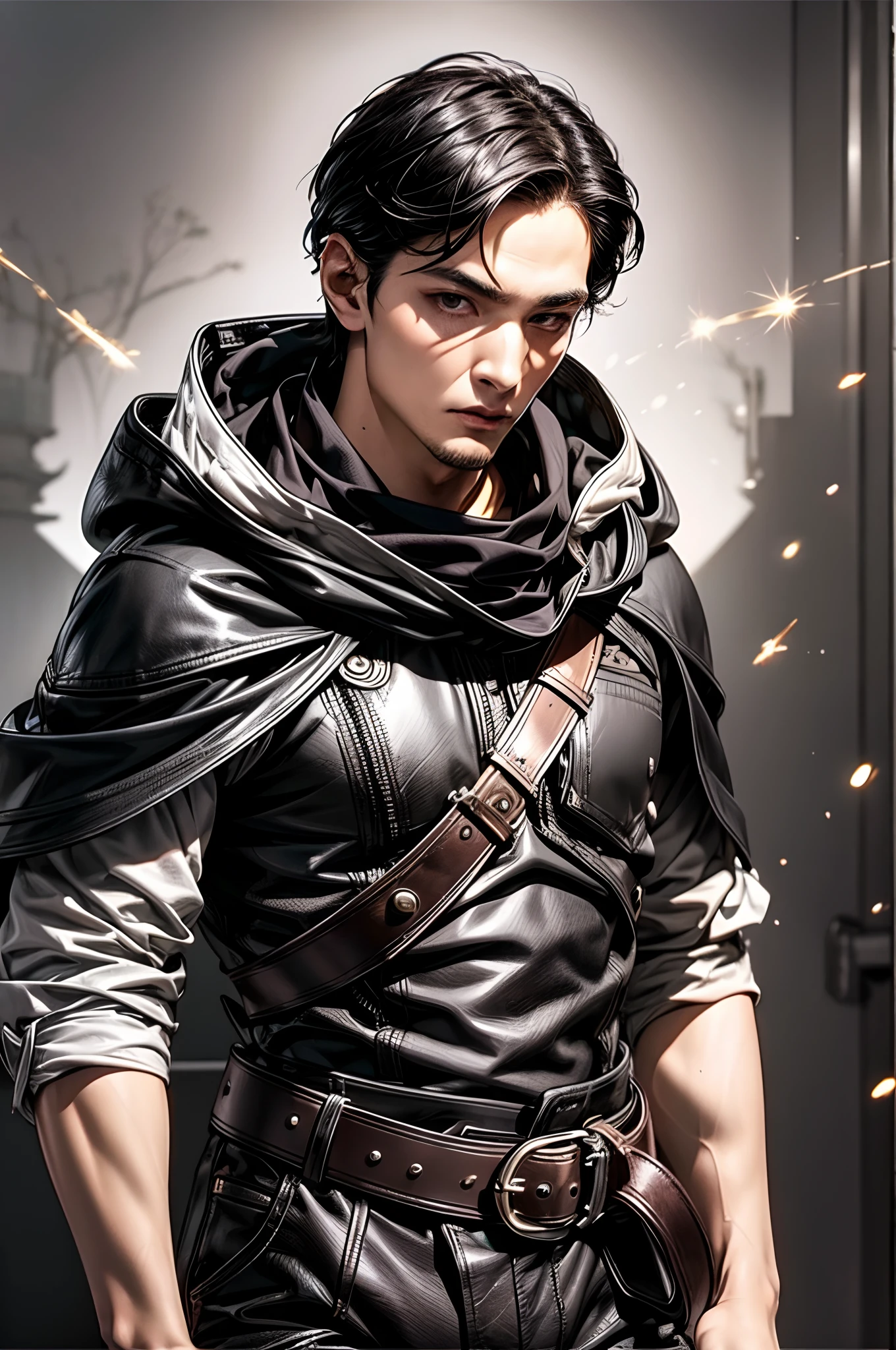 (absurderes, hight resolution, ultra-detailliert), 1 male, Adult, Handsome, High muscular face, broad shoulders, finely detailed eyes, Short black hair, Brown eyes, Black cloak, Wearing a hood, Leather Vest, Leather bag at waist........................., 2 daggers on the belt, castle, Medieval atmosphere, Natural Light and Shadow, Bright particles fly around a person, Fantastic, Mysterious, Bright glow, Seated Pose, Serious expression, Cold, thoughtful, Mouth Shut