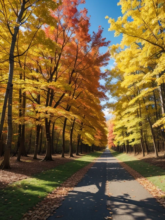 There are rows of trees on both sides of the trail. There are maples on the left and ginkgo on the right. There are many fallen leaves on the ground, photorealistic