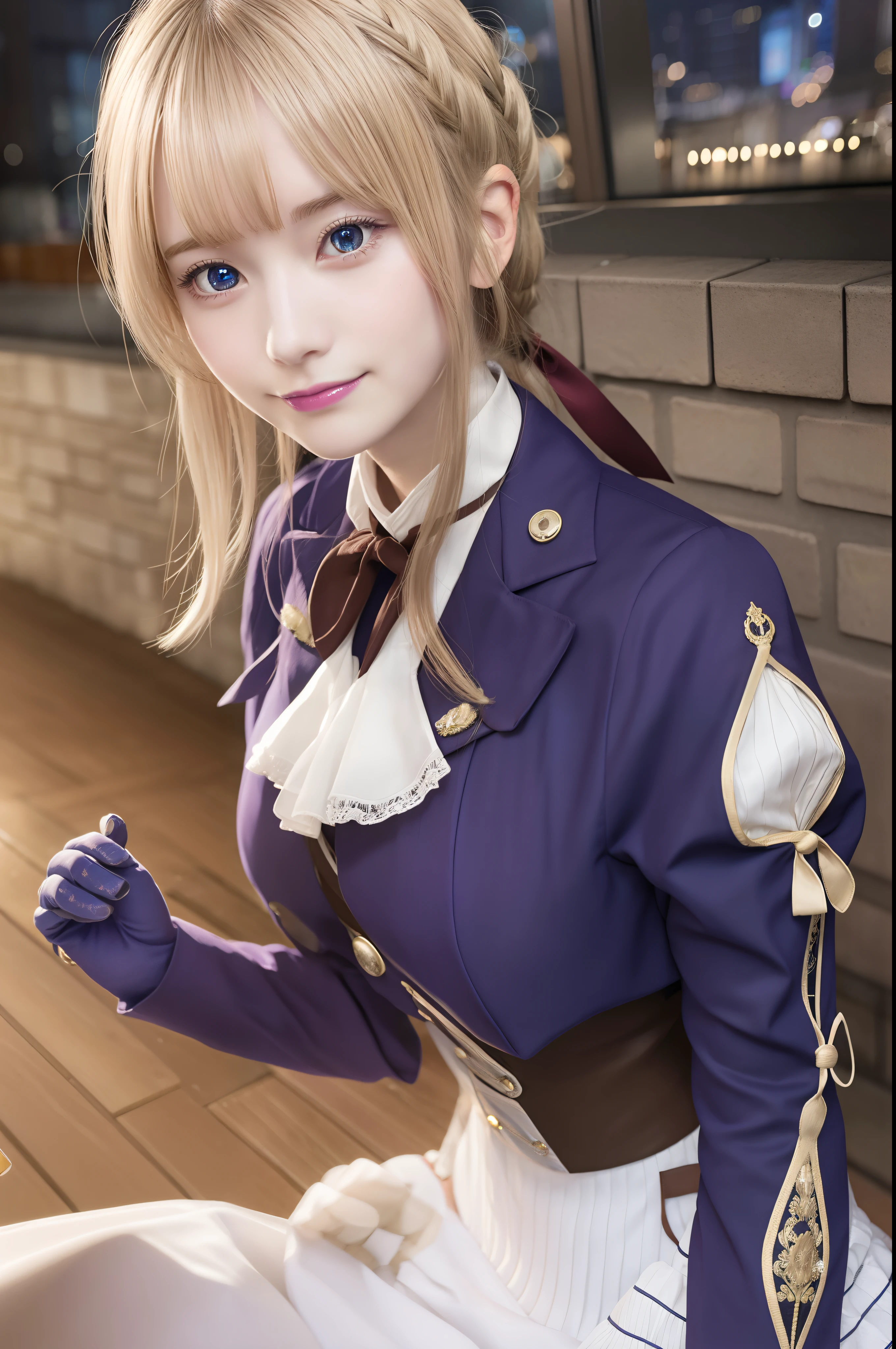 Violet Evergarden, Violet Evergarden, Blonde hair, Hair Ribbon, bow ribbon, Short hair, Braids, hair braids, Red Ribbon, maturefemale,
Blake Blue Jacket, Brown gloves, Cropped jacket, Dress, gloves, Green brooch, Jacket, juliet sleeves, Long sleeves, Puffy sleeves, White Dress,
BREAK looking at viewer,
BREAK outdoors, city,
BREAK (masutepiece:1.2), Best Quality, High resolution, Unity 8k壁纸, (Illustration:0.8), (Beautiful detailed eyes:1.6), extra detailed face, Perfect Lighting, extremely details CG, (Perfect hands, Perfect Anatomy),A smile、japanes