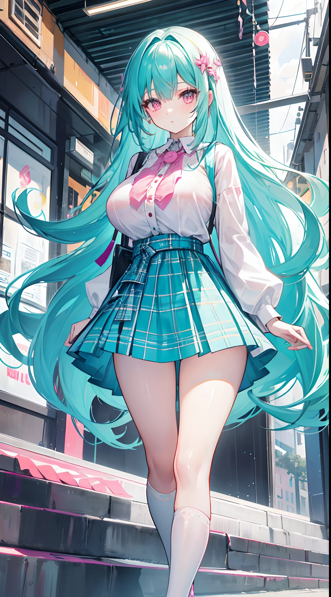 Long turquoise hair reaches waist-length,Scattered hair curtains,Pink eyes,Girl in a plaid dress and a short skirt,The figure is good,white stockings,Walk on the overpass,huge tit,Celebrity dress-up,a picture
