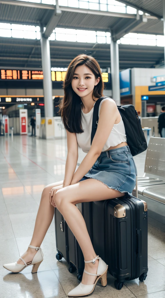 Best quality, Masterpiece, (Photorealistic:1.4)Ultra-clear,,Hand detail enhancement,Light and shadow intensification,ren,Perfect facial features,Bright eyes,Pubic area is clear,Hand detail enhancement,Full body screen,middlebreast,long leges,JK skirt,blacksilk,grin,Wear casual clothes,Take photos in the waiting hall of the high-speed rail station,Hand pull suitcase,Seat background