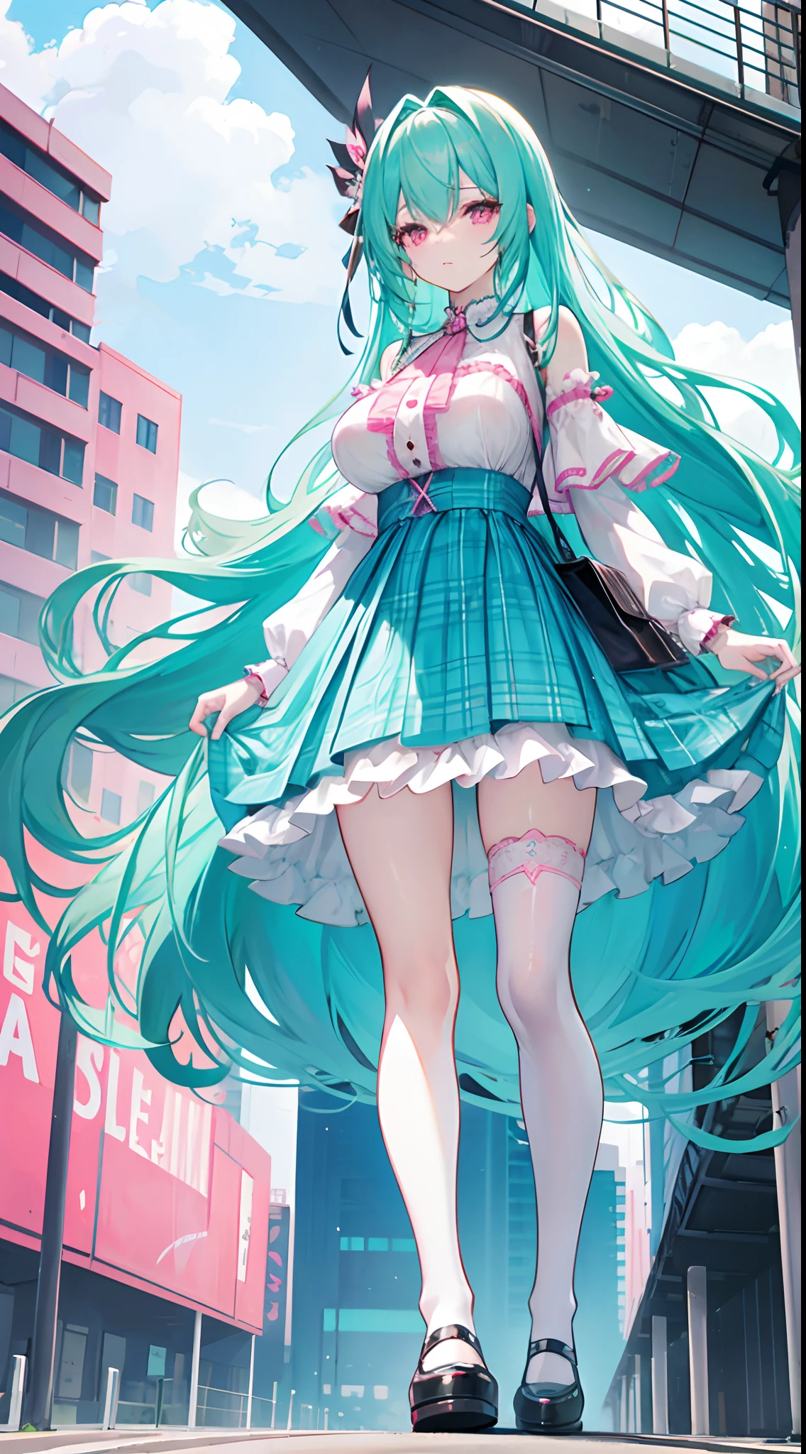 Long turquoise hair reaches waist-length,Scattered hair curtains,Pink eyes,Girl in a plaid dress and a short skirt,The figure is good,white stockings,Walk on the overpass,huge tit,Celebrity dress-up,a picture