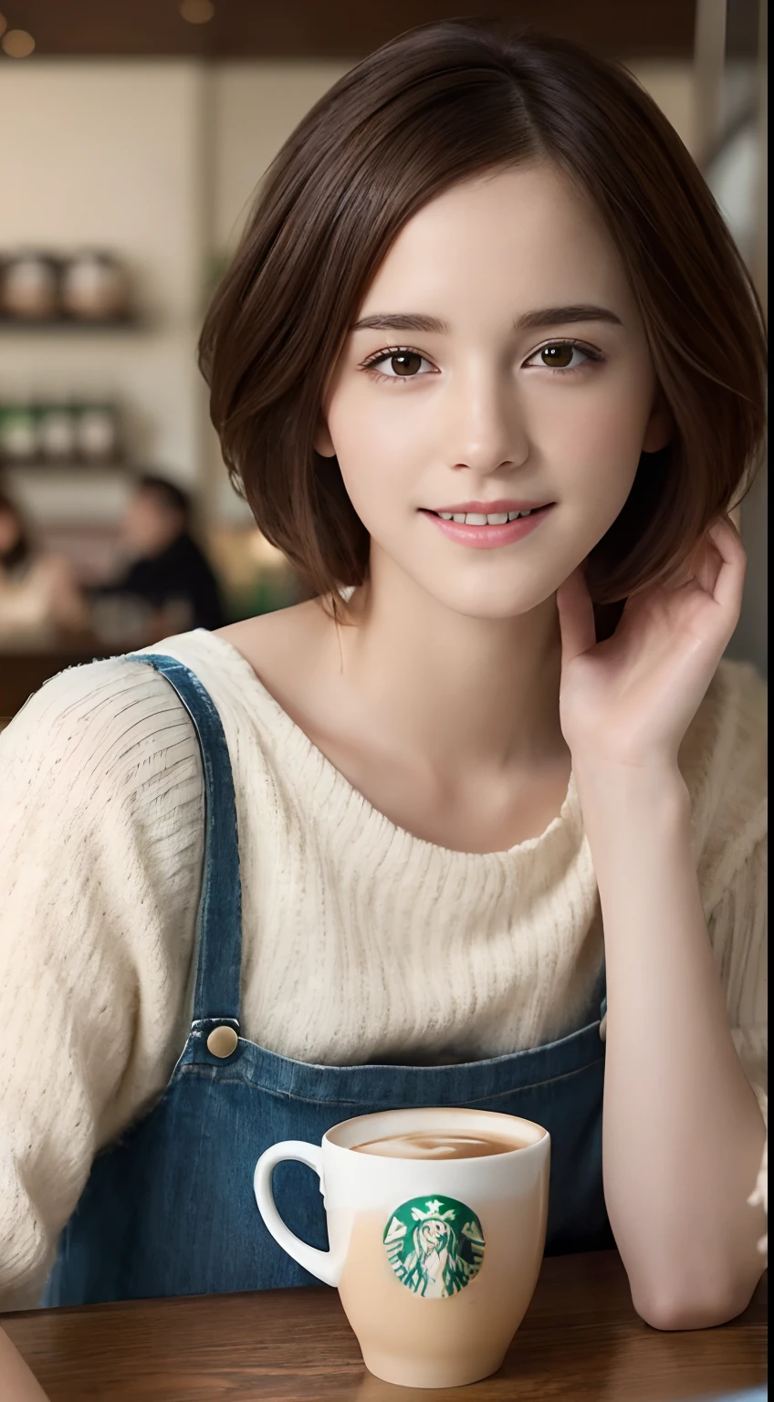 (A hyper-realistic), (hight resolution), (8K), (ighly detailed),  (beatiful detailed eyes), (top-quality), (ultra-detailliert), (​masterpiece), (A detailed face), softfocus、face of emma watson、short-hair、cafes、Starbucks、Casual clothing、coffee cup、Colossal tits、japanes、A smile、