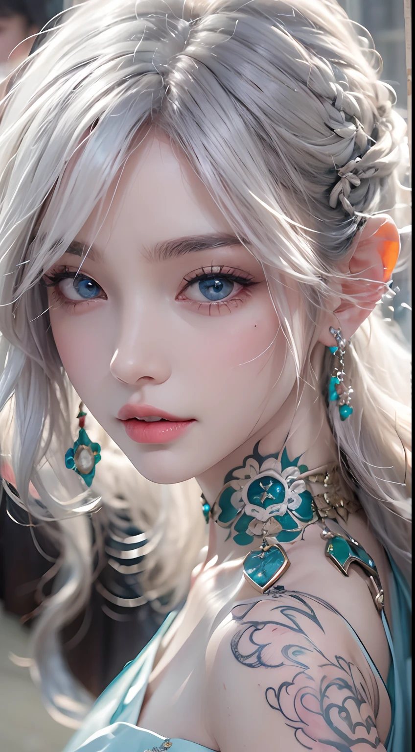 Photorealistic, high resolution, 1 woman, Hips up, Beautiful eyes, Long hair, ringed eyes, White hair, jewelry, tattoo, Hanfu