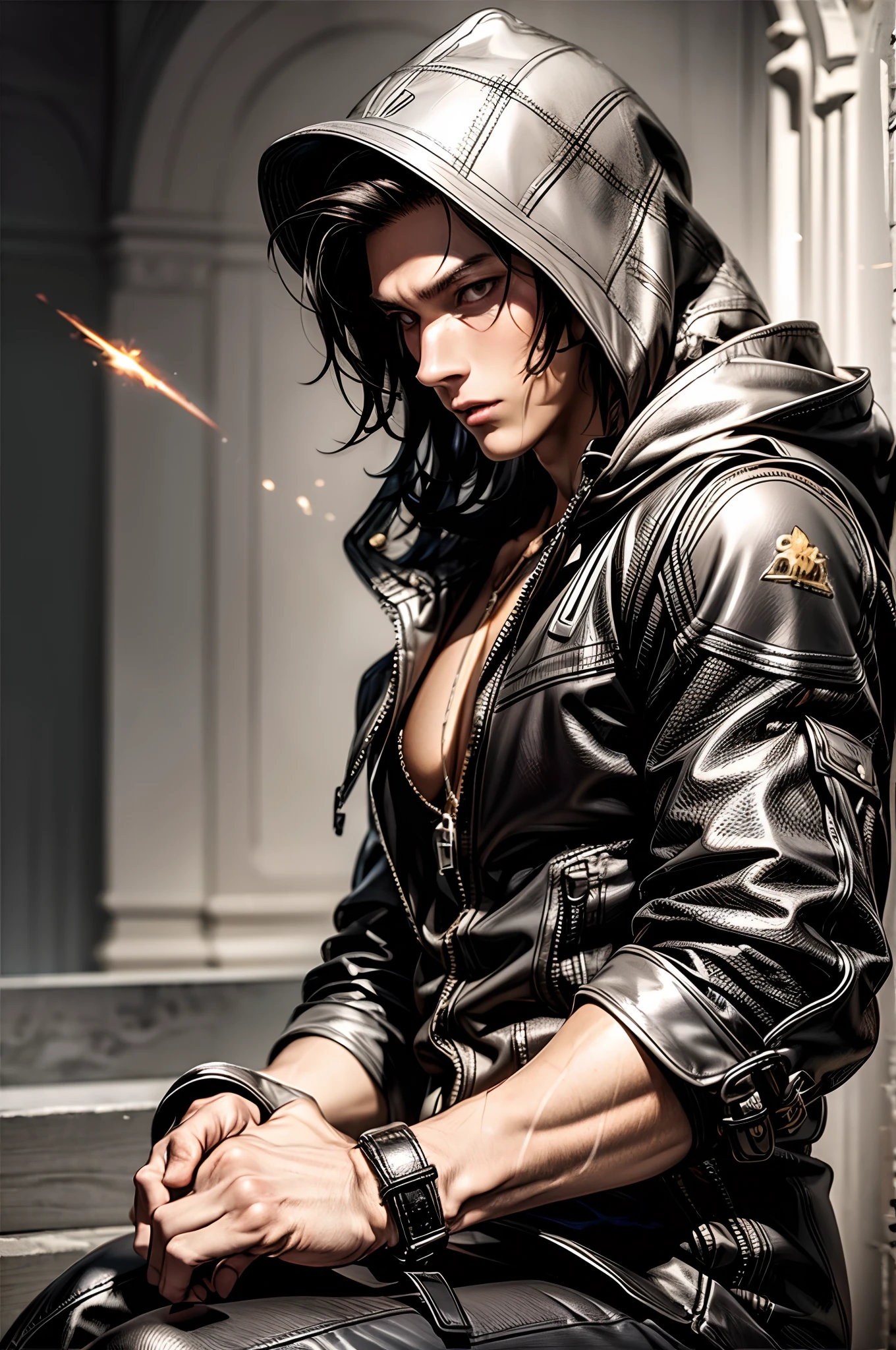 (absurderes, hight resolution, ultra-detailliert), 1 male, Adult, Handsome, High muscular face, broad shoulders, finely detailed eyes, Short black hair, Brown eyes, Black cloak, Wearing a hood, Leather Vest, Leather bag at waist........................., 2 daggers on the belt, castle, Medieval atmosphere, Natural Light and Shadow, Bright particles fly around a person, Fantastic, Mysterious, Bright glow,  Seated Pose, Serious expression, Cold, thoughtful, Mouth Shut