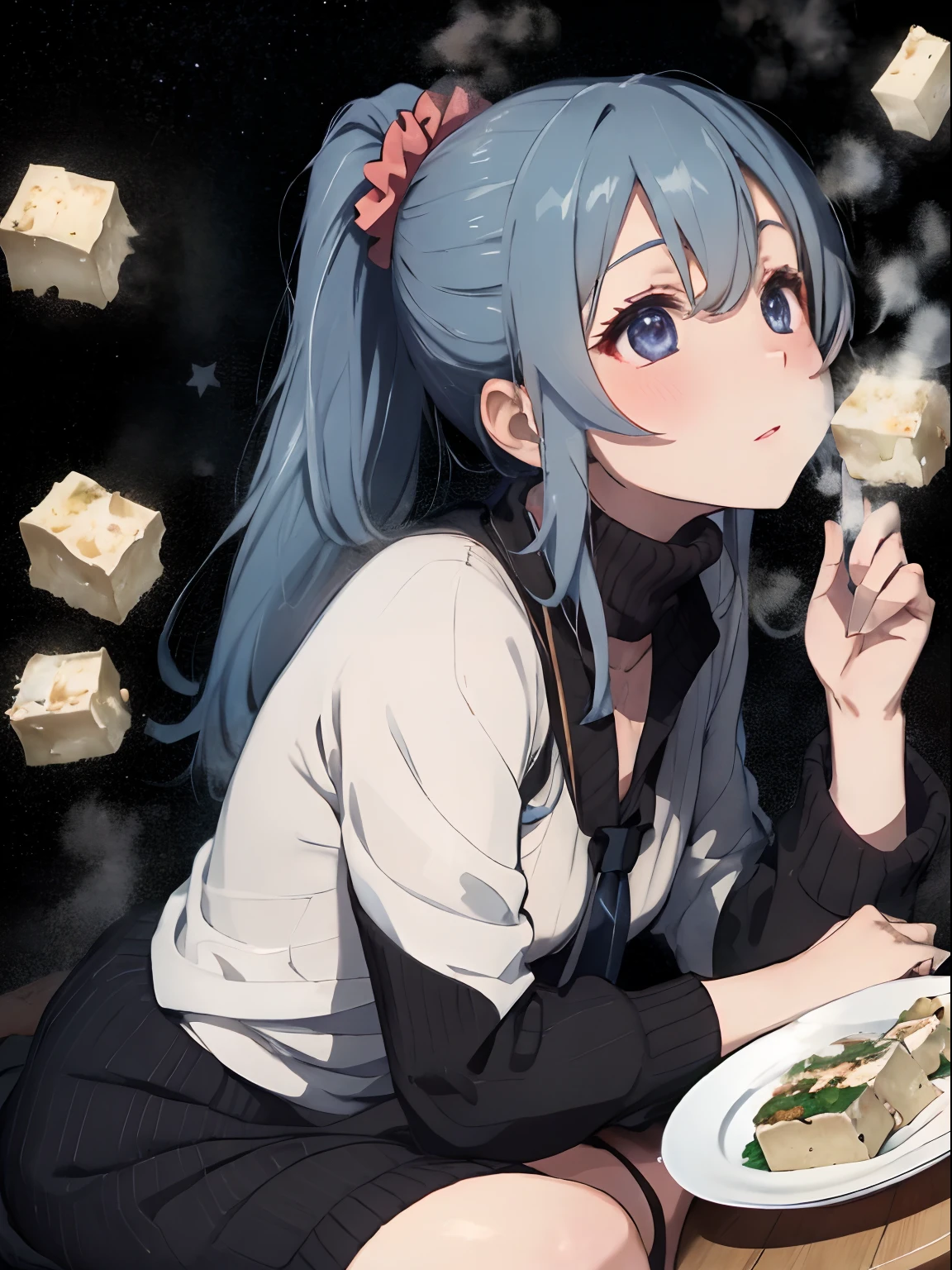 Holding a plate of tofu and looking up,Bring your face closer,He leaned forward and said,、Protruding tofu plate,Steam rises from the tofu,fluffy dark blue hair,Tie in a ponytail with a scrunchie,Warm and loose winter clothes,long-sleeve,Sweaters,Long skirt that reaches to the floor,happily face,which are full of confidence々Face,A slight red tide with many small stars shining in the back of the eyes,