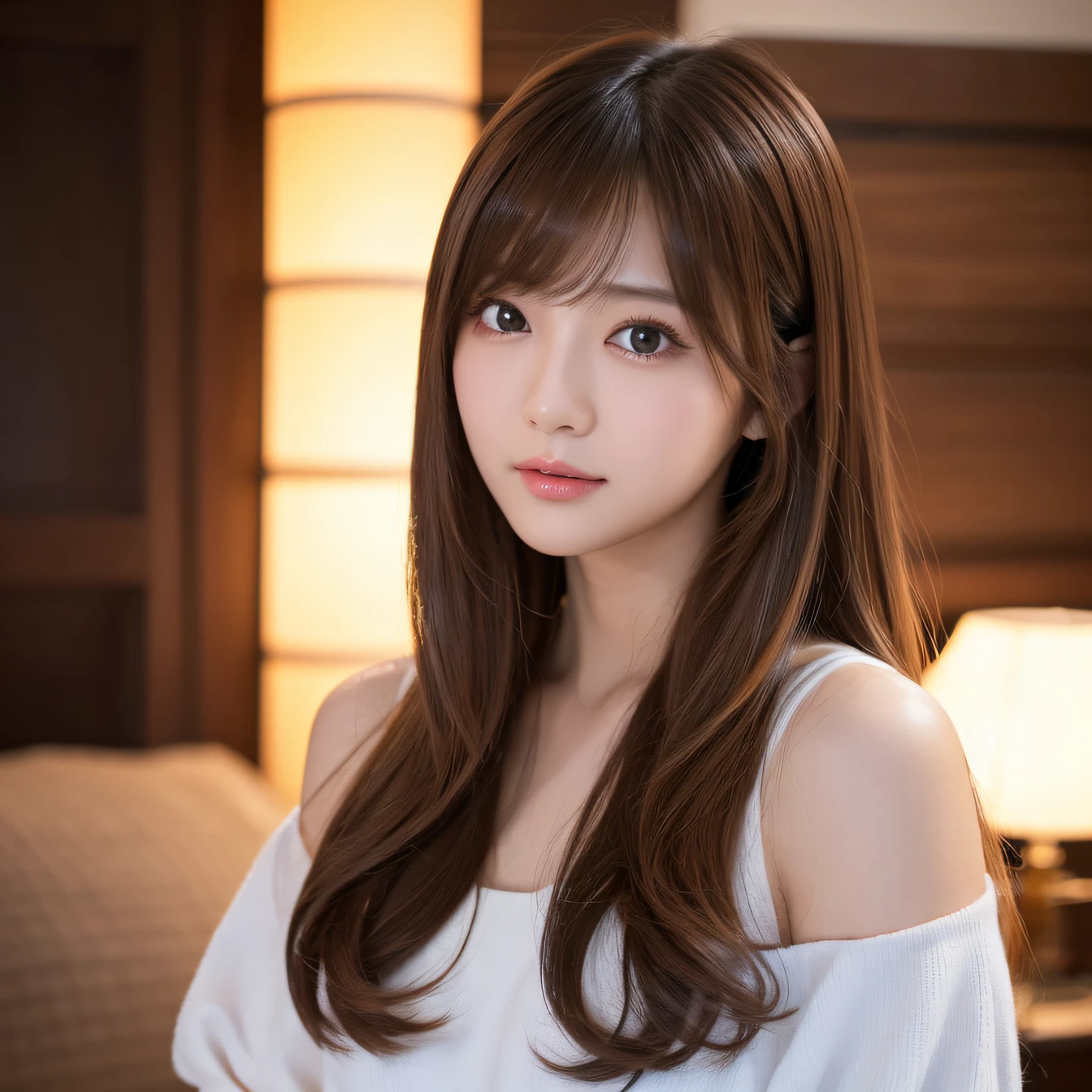 ​masterpiece、1 beautiful girl、A detailed eye、Puffy eyes、top-quality, 超A high resolution, (Realisticity: 1.4), cinematlic lighting、japanes、Asian Beauty、Korea person、Super beauty、Beautiful skin、A slender、The body is facing forward、up of face、(A hyper-realistic)、(hight resolution)、(8K)、(ighly detailed)、(beautifully detailed eyes)、(ultra-detailliert)、 (wall-paper)、A detailed face、Bright lighting、profetional lighting、looking at viewert、Facing straight ahead、oblique bangs、nighttime scene、Brown hair、乃木坂アイドル、韓国アイドル、hposing Gravure Idol、女優、25-years old、