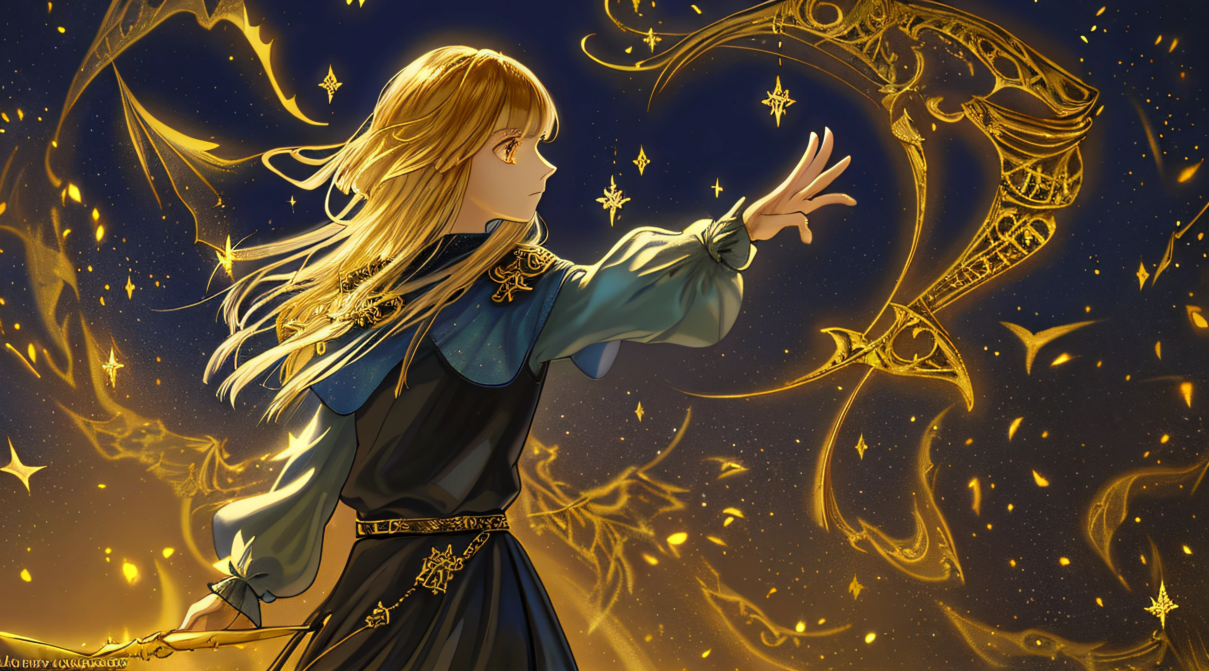 A stunningly beautiful 1970's dark fantasy book, cover paper art dungeons and dragons, style drawing of a shadow starry skies, golden color, runes, dark theme, Perfect composition, masterpiece, best quality, 8K Ultra HD, Better hand. Art by AYMSHANK