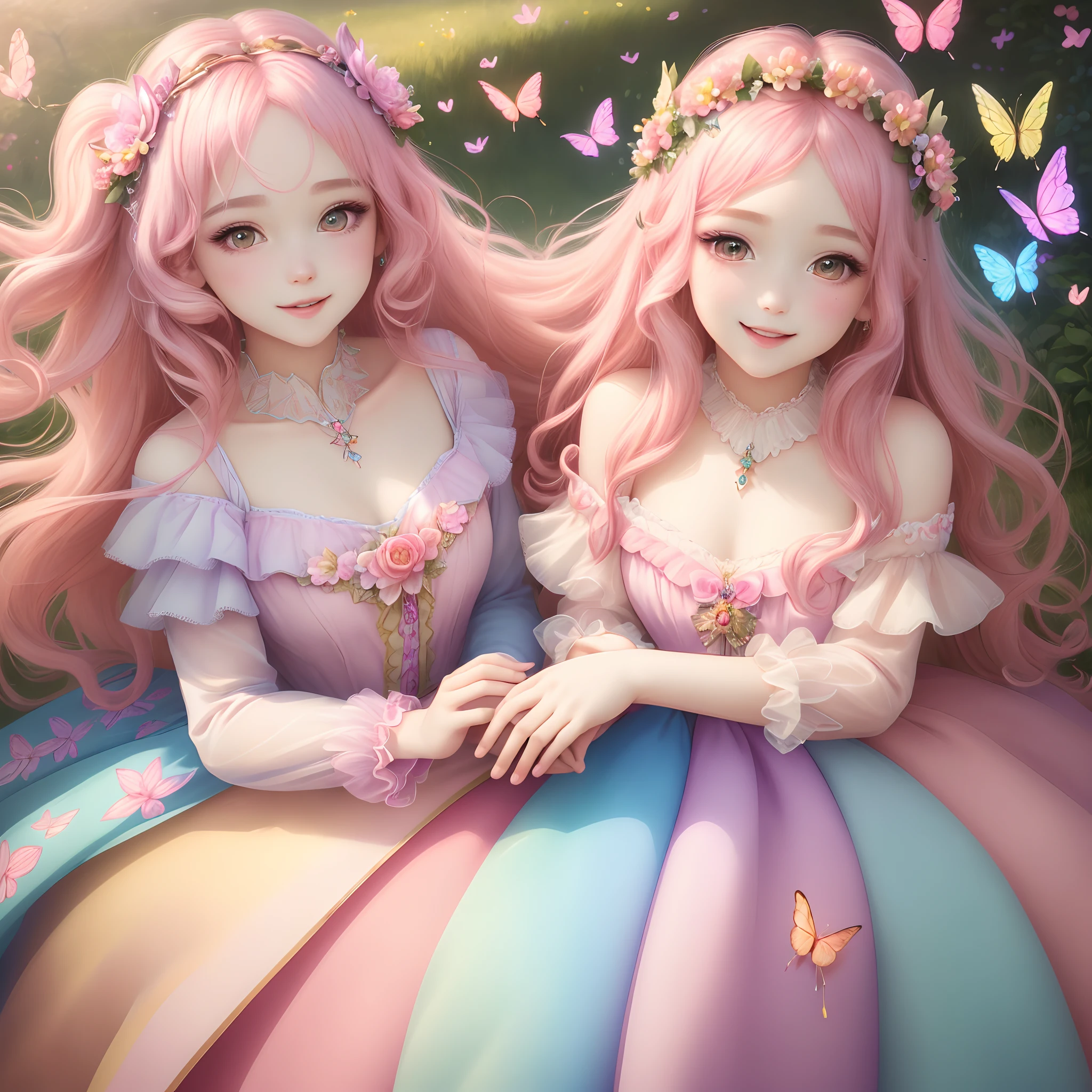 (best quality,4k,8k,highres,masterpiece:1.2),ultra-detailed,realistic:1.37,portrait,detailed eyes,detailed lips,fine anime style,soft pastel colors,soft lighting,peaceful garden,flower crown,long pink hair,fairy wings,playful pose,sparkling eyes,innocent smile,lovely dress,butterfly decorations,enchanted atmosphere,colorful butterflies,floating magical dust,gentle breeze,daylight,joyful expression,expressive eyes,pastel background,delicate makeup,beautiful details,expressive eyebrows,shiny hair,light reflections,playful glance,capture the charm,blowing bubbles,whimsical,sparkling personality,gentle and kind,beaming with happiness