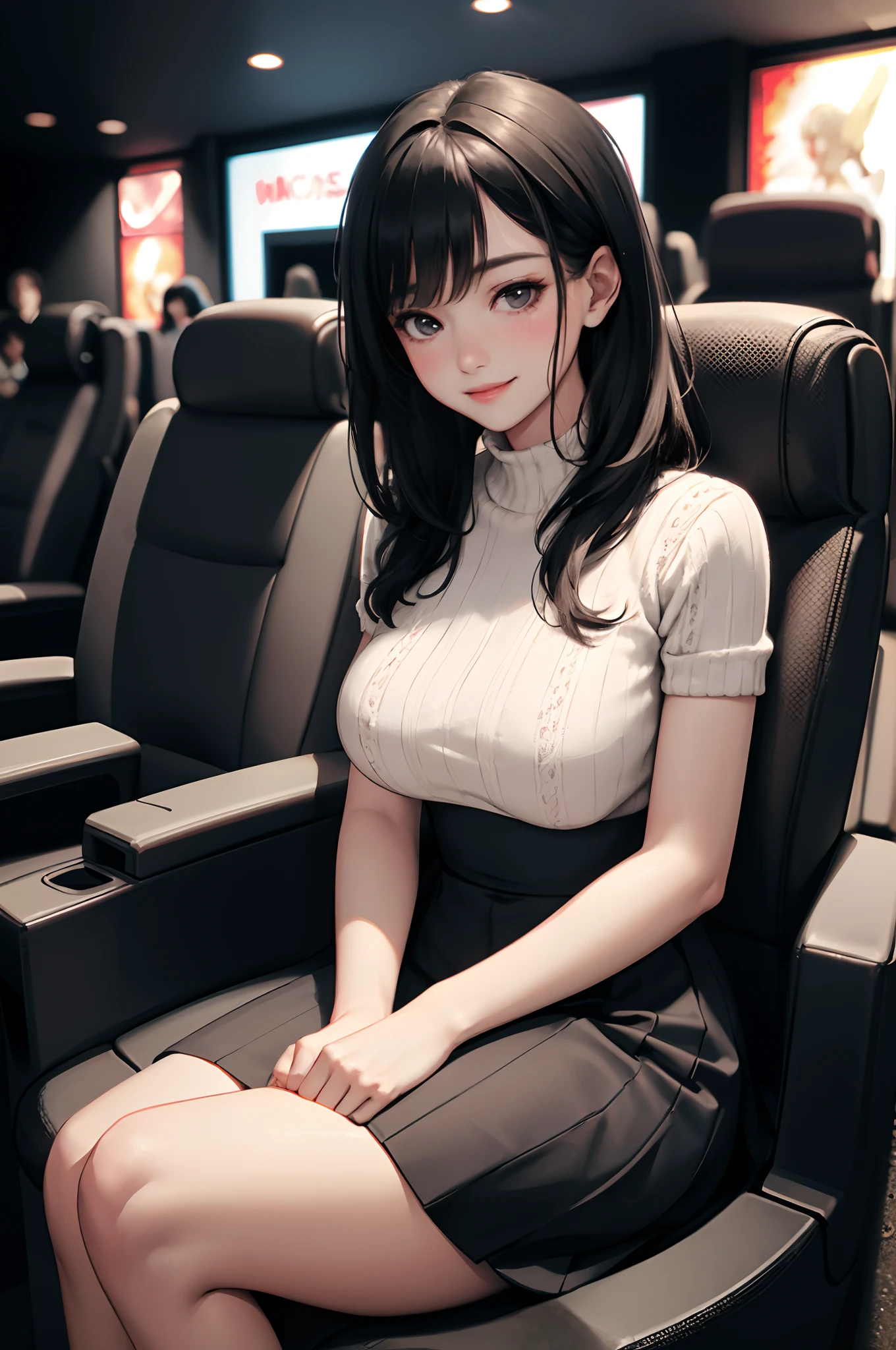 1lady sitting on theater seat, leaning back, /(knitted shirt/) /(high-waist long skirt/), mature female, /(black hair/) bangs, blush kind smile, (masterpiece best quality:1.3) delicate illustration ultra-detailed, large breasts arms down BREAK /(movie theater indoors/) dark room