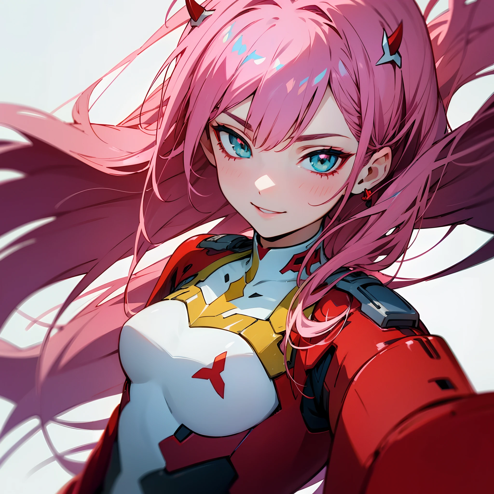 Masterpiece, top quality, best quality, official art, beautiful and aesthetic, anime, 1girl, Zero Two, extremely detailed, colorful, smiling, more detailed (ultra-detailed)), (highly detailed CG illustration), solo, pink hair, pair of horns, green eyes, long hair, (focus on character), pilot outfit, red bodysuit with white details, science fiction, illustration, aesthetic, pop art, darling in the franxx background