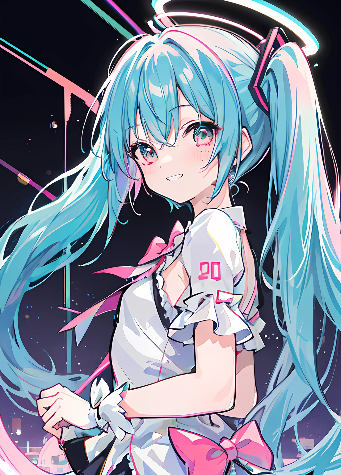 (Masterpiece), (Best Quality), Shikame Madoka, Magical Girl, 1 Girl, Upper Body, Blush, Grin, Happy, Backlit, lam_style, pickcolorful_hair, facial_mark, neon_palette, Miku, Hatsune Miku, Halftone, Rainbow, Double Ponytail, Bow