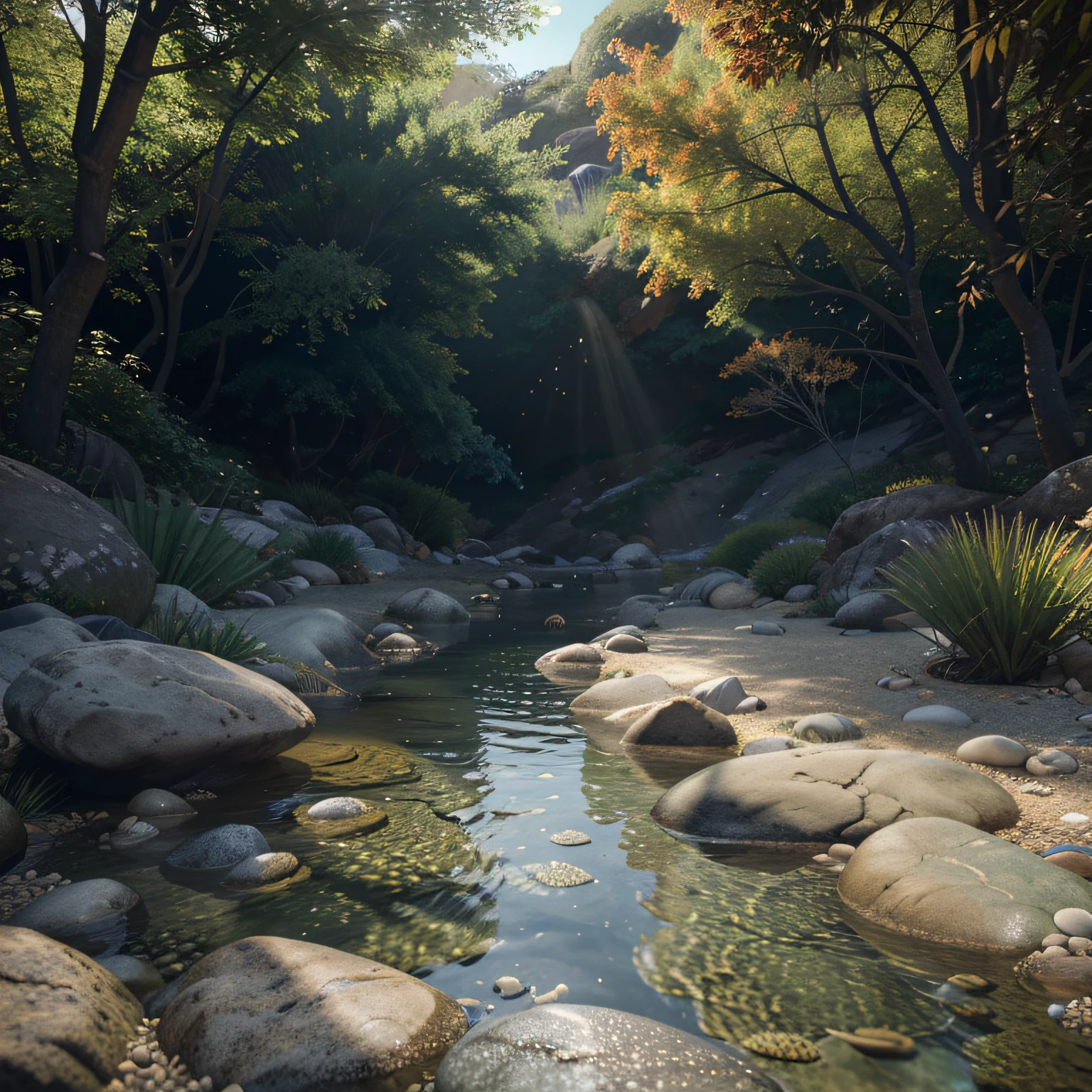 Small fish at river bottom, white belly, orange-red back and fins, Riverbed visible with pebbles and aquatic plants, clear water, Sunlight filtering through water, casting dappled light on riverbed, Fish is alone, with no other creatures visible, Digital illustration, Realistic, Detailed and sharp focus, Colors are vibrant, with shades of orange, red, white, green, and brown, Light and shadow play on the fish and riverbed, by Hokusai and Hiroshige, Artstation, very happy face, 3D render,