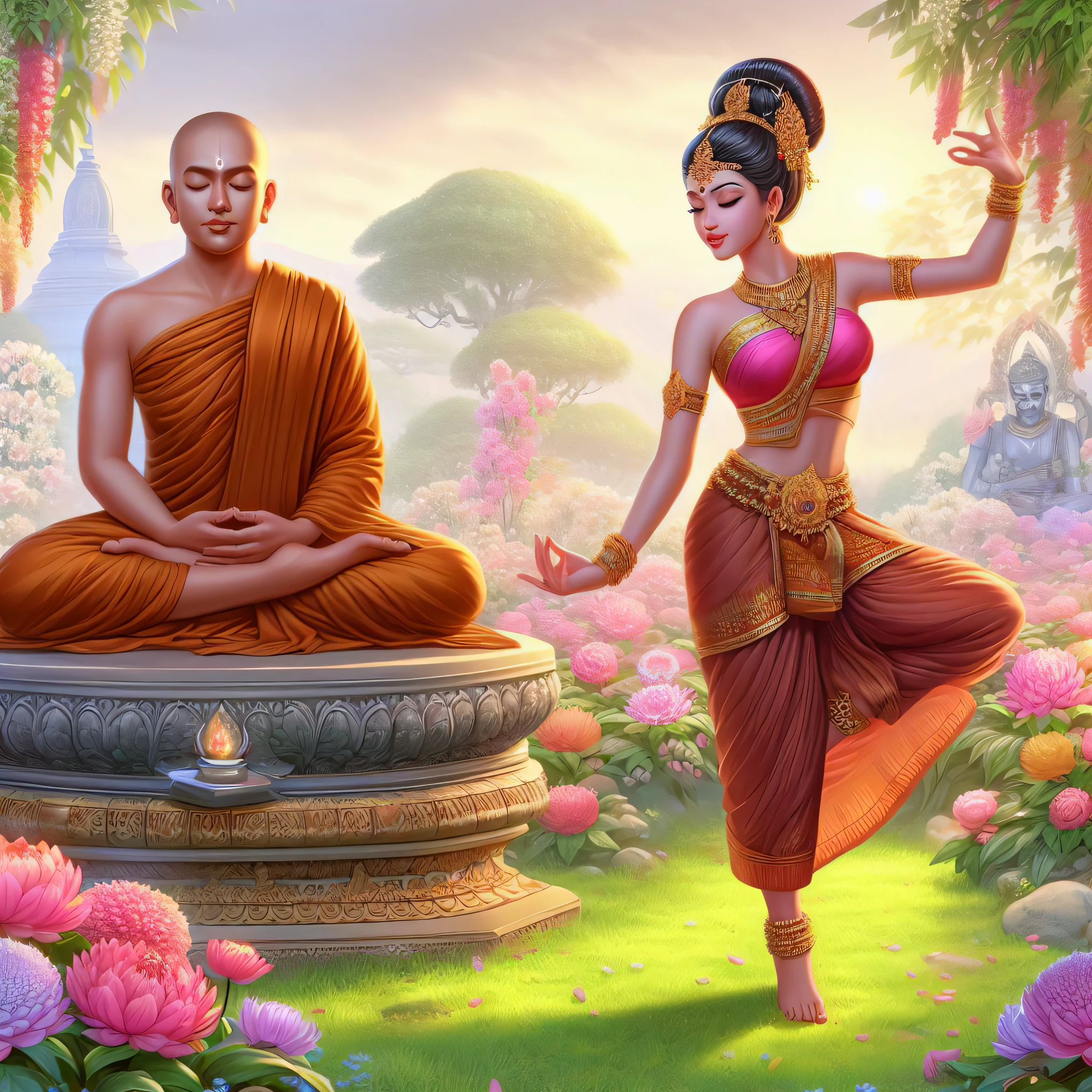 a painting of a man and woman sitting on a bench in a garden, goddess of love and peace, hindu art, beautiful depiction, a beautiful artwork illustration, thailand art, rob rey and kentarõ miura, by Alexander Kucharsky, indian art, by Daryush Shokof, hindu aesthetic, standing gracefully upon a lotus