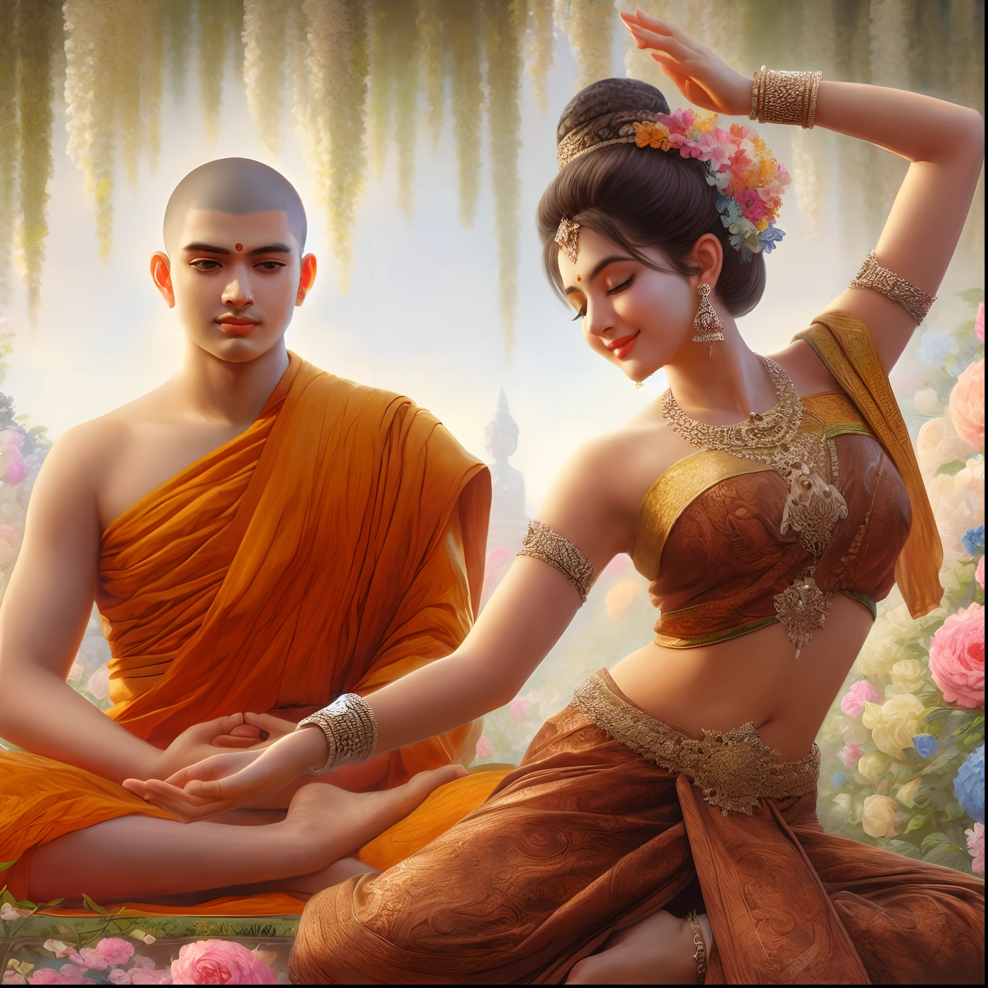painting of a man and a woman sitting in a garden, tithi luadthong, thailand art, buddhist, by John La Gatta, beautiful depiction, buddhism, by Alexander Kucharsky, goddess of love and peace, hindu aesthetic, 4k art, rob rey and kentarõ miura, buddhist art, by Galen Dara, lotus, thai