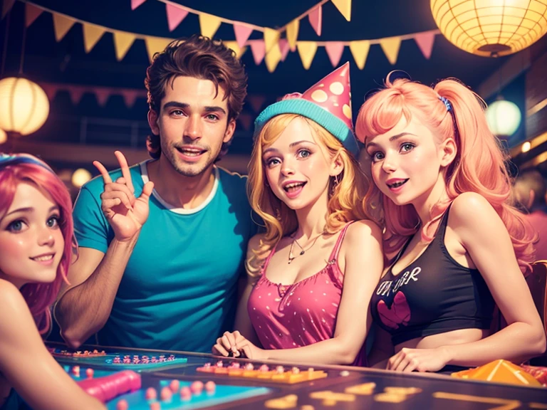 Arcade 80´s place, some casual people on birthday party, happy and celebrating.