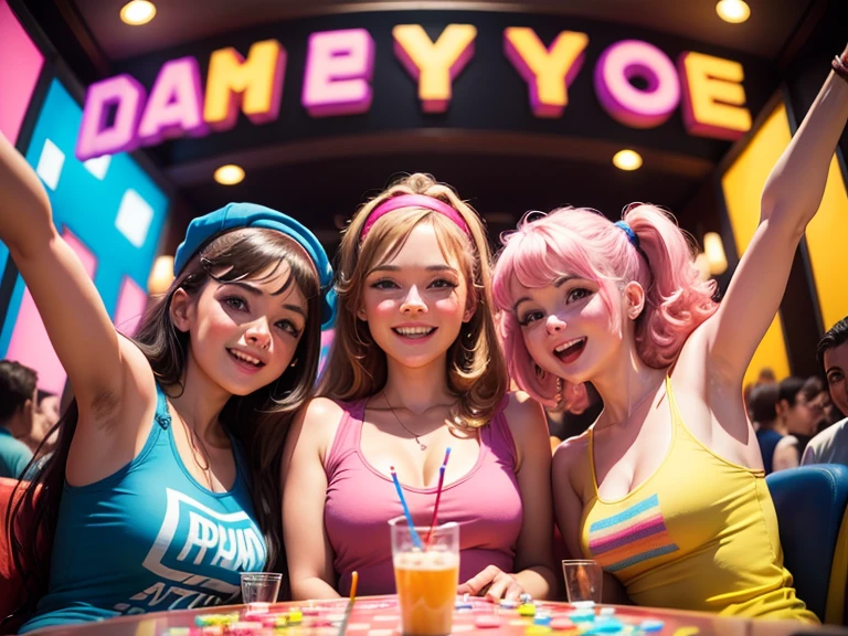 Arcade 80´s place, some casual people on birthday party, happy and celebrating.