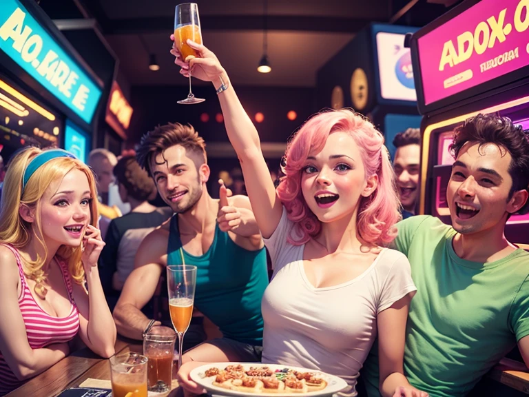 Arcade 80´s place, some casual people on birthday party, happy and celebrating.