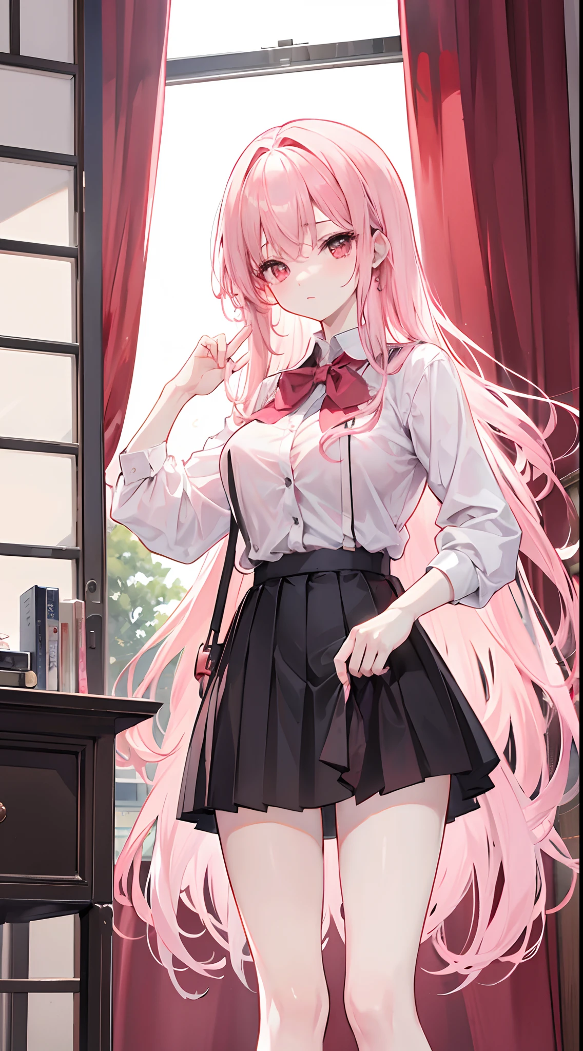 Long pale pink hair,Hair curtain,Loose hair curtains,red color eyes,Issuing,Regular School Uniforms,short skirt,Bareleged,Bend down to pick up something,View from the ground up,the girl is in good shape,huge tit