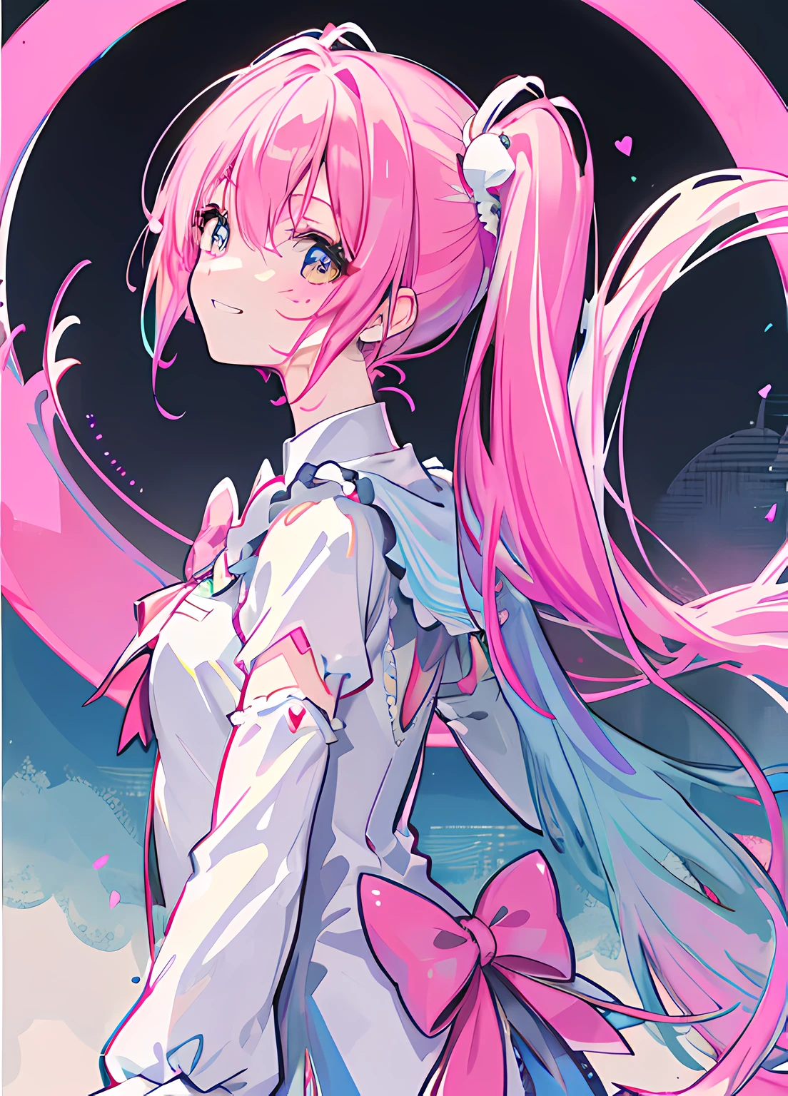 (Masterpiece), (Best Quality), Shikame Madoka, Magical Girl, 1 Girl, Upper Body, Blush, Grin, Happy, Backlit, lam_style, pickcolorful_hair, facial_mark, neon_palette, Miku, Hatsune Miku, Halftone, Rainbow, Double Ponytail, Bow