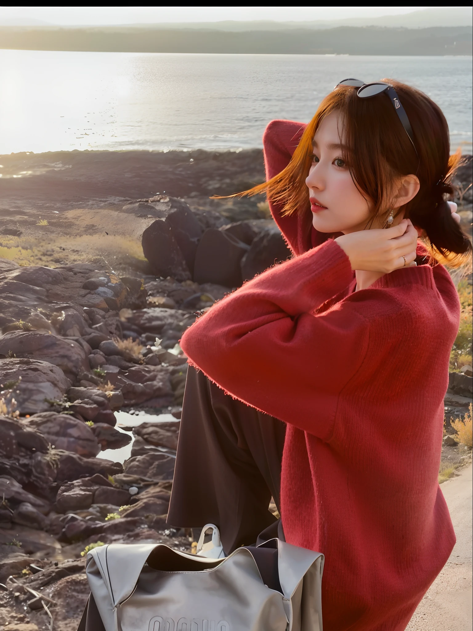 Arafi's woman sits on a rock，Carry a backpack and handbag, bae suzy, Wear a red turtleneck sweater, red sweater and gray pants, warm color clothes, Shin Jinying, jisoo from blackpink, wearing casual sweater, ulzzangs, korean women's fashion model, jisoo of blackpink, Choi Hyun-hwa, tzuyu from twice