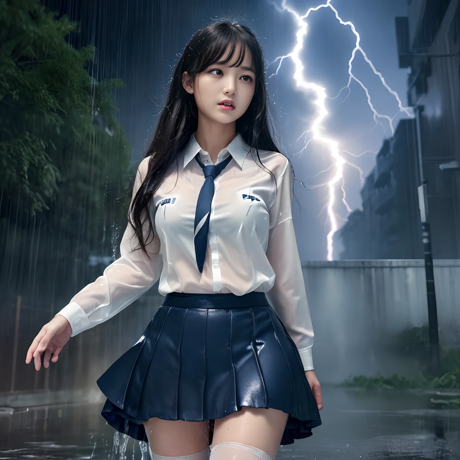 ((Best Quality, masutepiece, 超A high resolution、The most complex and detailed depictions)),1 girl、((Uniforms covered in water all over the body))、((Alone in the city))、((Sad face、feeling of despair、face that seems to cry、terrified expression))、((Complex and detailed real rain))、((Very heavy rain))、((A big flash of lightning flashes in the sky))、((One giant lightning bolt in the sky))、((Very heavy rain))、((Ōlan))、Fallen trees and debris in the background、((Wet white uniform shirt))、The perfect texture of a wet shirt、((Very intense realistic rain))、The perfect texture for wet hair、((Drenched hair))、((very wet hair))、((wet and disheveled hair))、((Uniforms soaked all over the body))、The skin is faintly visible from the top of the clothes、Wet and see-through skin、((Perfect texture down to the smallest detail of wet clothes))、Countless water droplets adhere to the body、((Underwear that can be seen through the top of clothes))、((Perfectly expresses the texture of drenched hair))、Wet and shiny hair、((Wearing a dark blue wet skirt))、it is raining heavily、((Very complex and realistic lightning))、a dark night、perfect anatomia、Looking at the camera、Looks cold、((Looks very cold))、Lightning flashes、((drenching))、Ōlan
