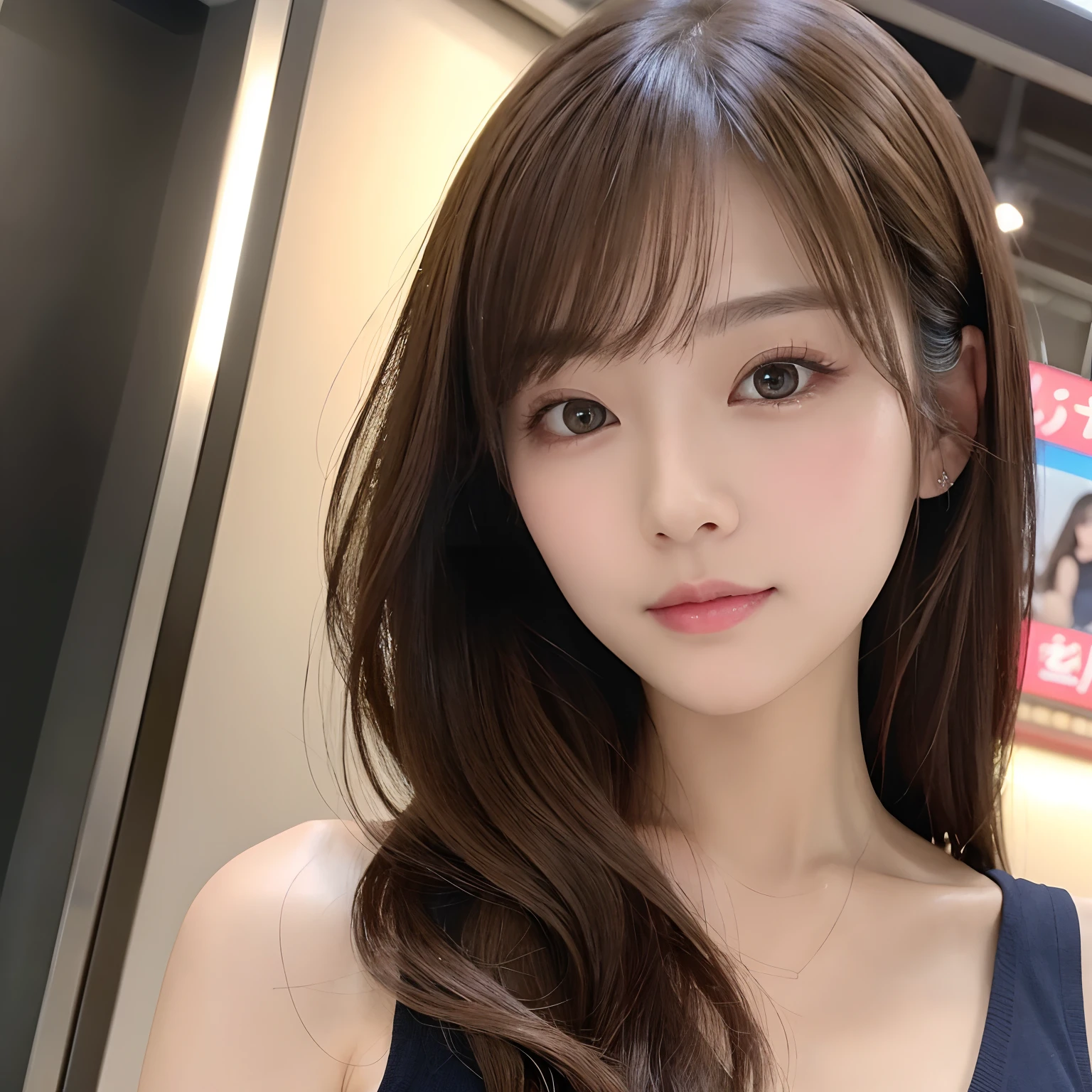 masterpiece、1 beautiful girl、A detailed eye、Puffy eyes、top-quality, 超A high resolution, (Realisticity: 1.4), cinematlic lighting、japanes、Asian Beauty、Korea person、Super beauty、Beautiful skin、A slender、The body is facing forward、up of face、(A hyper-realistic)、(hight resolution)、(8K)、(ighly detailed)、(beautifully detailed eyes)、(ultra-detailliert)、 (wall-paper)、A detailed face、Bright lighting、profetional lighting、looking at viewert、Facing straight ahead、oblique bangs、nighttime scene、Brown hair、乃木坂アイドル、韓国アイドル、hposing Gravure Idol、女優、25-years old、