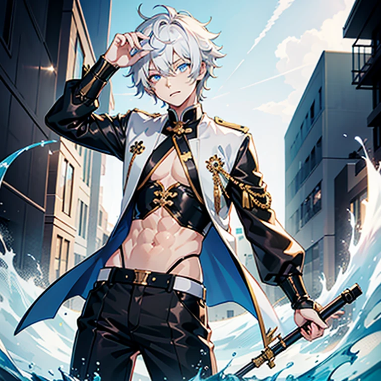 Ultra detailed, Best quality, finedetail, Anime boy, neko, The male, White hair, , eyes blue, Blue pupils, Extremely detailed eyes, White color blouse, Black shorts,, The male，Abs