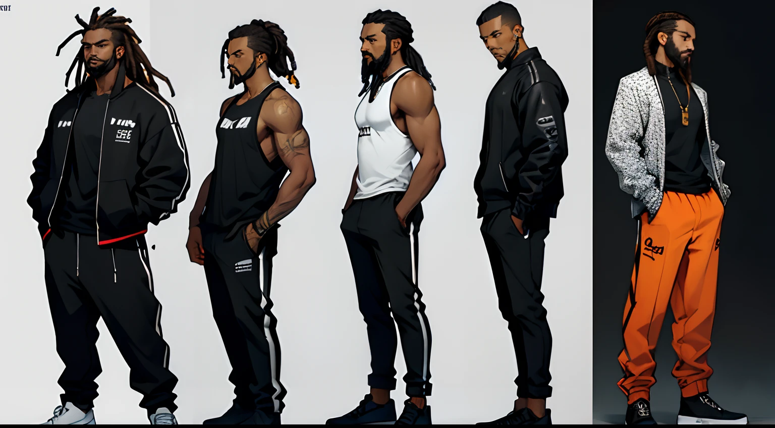 clothing design. full body. front and side. black and white hip hop clothes. open jacket. tank top. black man with dreadlocks. very dark skin. short beard. gold jewelry