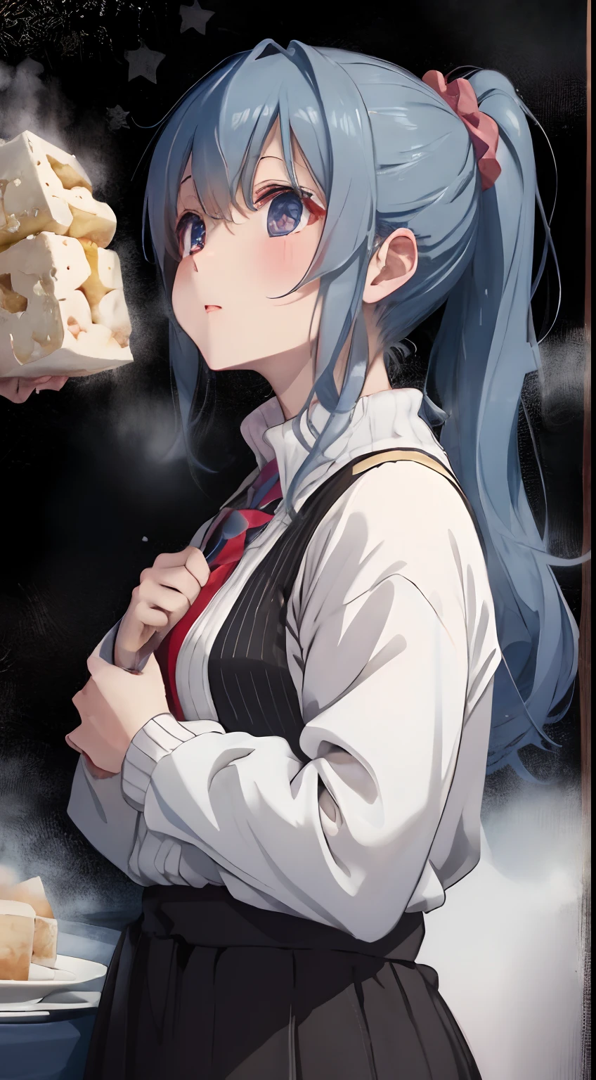 Holding a plate of tofu and looking up,Bring your face closer,He leaned forward and said,、Protruding tofu plate,Steam rises from the tofu,fluffy dark blue hair,Tie in a ponytail with a scrunchie,Warm and loose winter clothes,long-sleeve,Sweaters,Long skirt that reaches to the floor,happily face,which are full of confidence々Face,A faint red tide with many small stars shining in the back of the eyes,