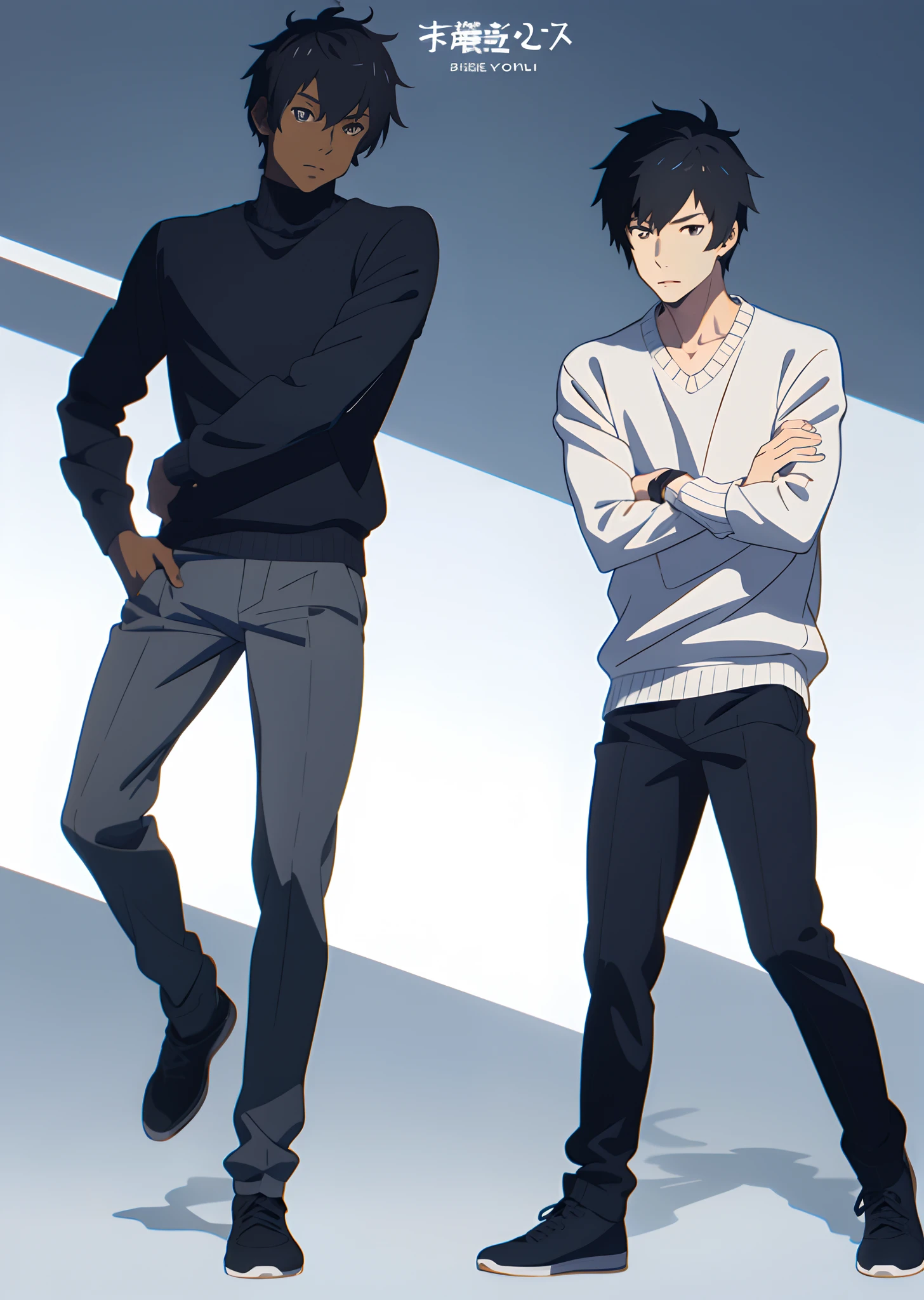 Male,anime style, black hair, sweater, Short trousers, dark skin, medium body, anime illustration style, single character half body, anime set style, cesual pose,