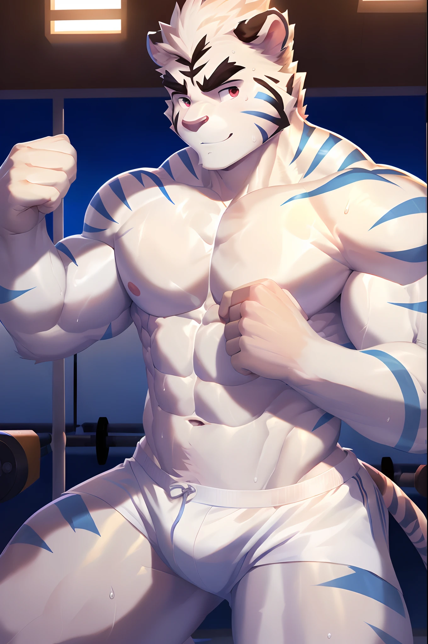 Hominidae, Pose for Camera. 4K, high resolution, Best quality, posted on e621, (Two anthropomorphic white tigers:1.2), male people, 20yr old, Thick eyebrows, Light blue stripes, Ultra-short hair, shaggy, Strong body, large pecs, ((Shirtless)), They are practicing boxing, Pink milk clusters, sweat leggs, White skinny shorts, Small raised, In the gym, (sport, Muscular, Heavyweight:1.2), Correct anatomy, (by Chunie, author:Taran Fidler:0.8), (Detailed eyes:1.2), Sexy, (cel-shaded:1.2), cartoon shading, Serious expressions, Be red in the face, (view the viewer:1.2)