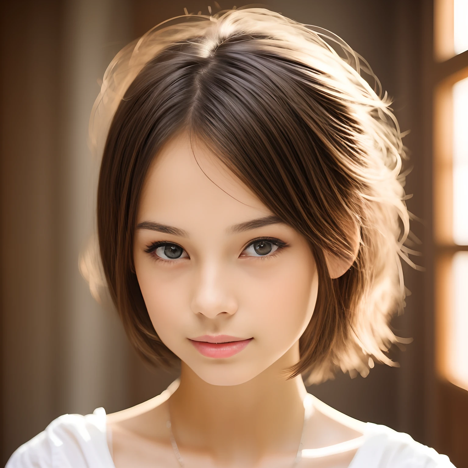 masutepiece, Photorealsitic, Best Quality, intricate and delicate, 8k wallpaper, top-quality, masterpiece, realisitic, ultra-detailliert, 1人の女性, smil, (short-hair), Looking at the camera, Tangerine V Neck Dress, Focus on the face