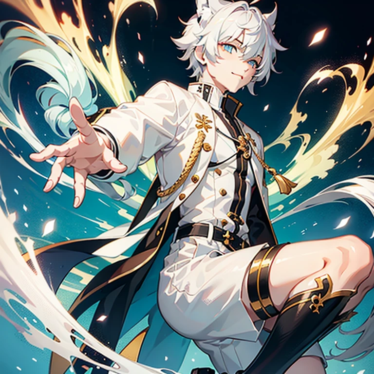 Ultra detailed, Best quality, finedetail, Anime boy, neko, The male, White hair, , eyes blue, Blue pupils, Extremely detailed eyes, White color blouse, Black shorts,, The male，Abs